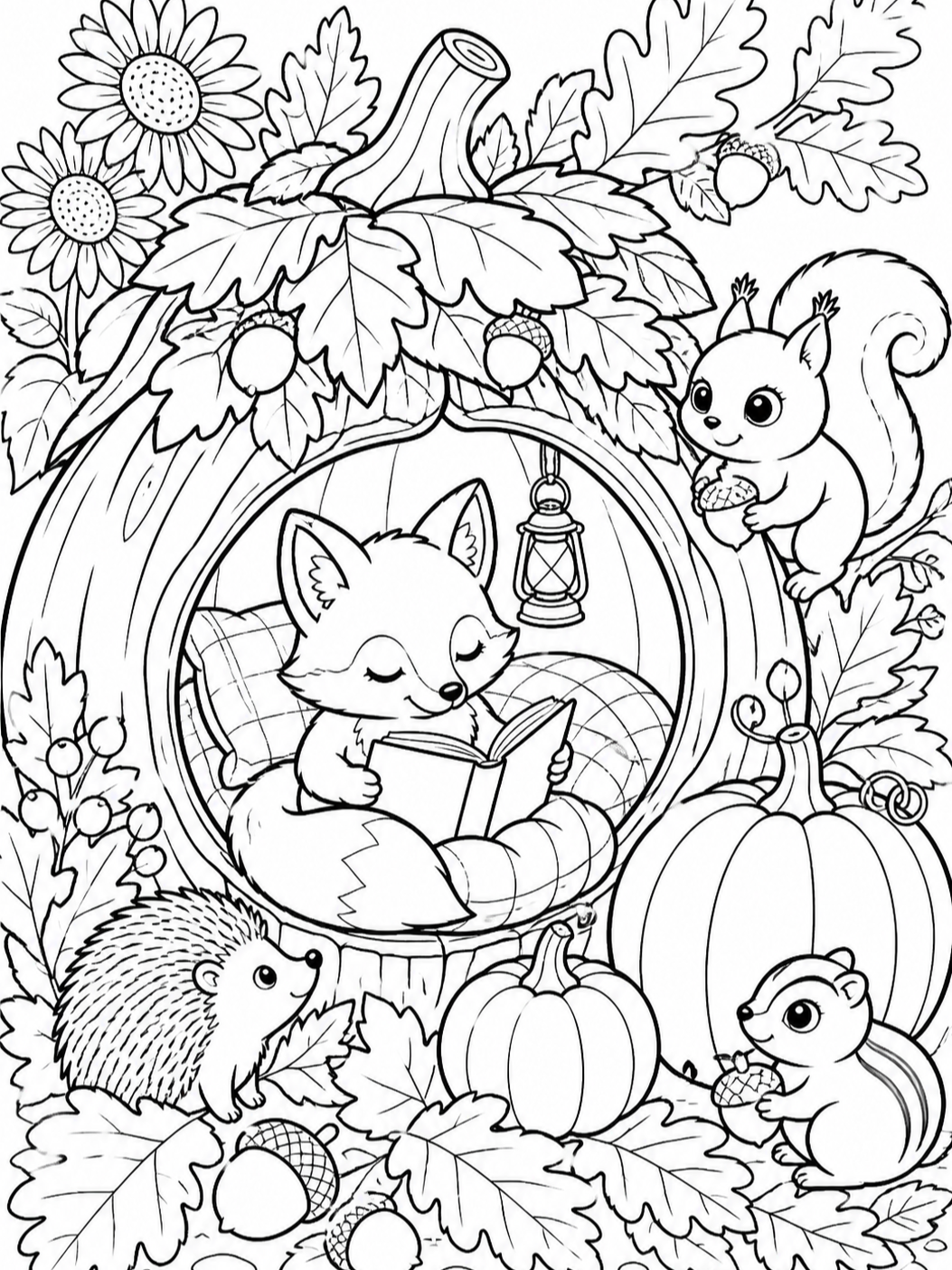Fox Reading In Pumpkin House — fall coloring pages