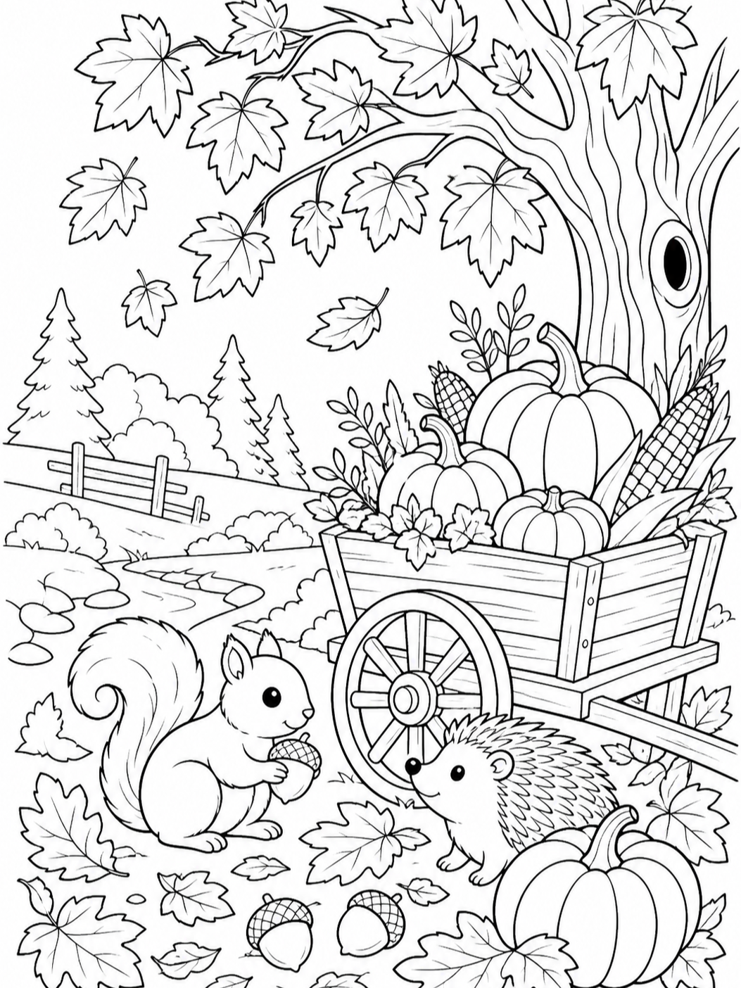 Wheelbarrow Of Pumpkins In Forest — fall coloring pages