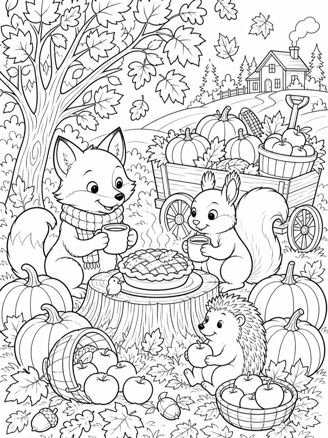 Squirrels Sharing Autumn Pie — fall coloring pages