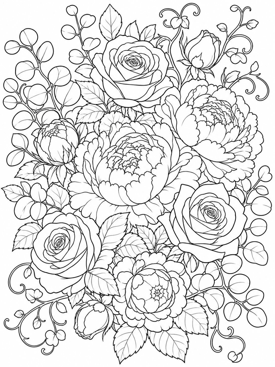 Rose And Peony Bouquet — flower coloring pages for adults