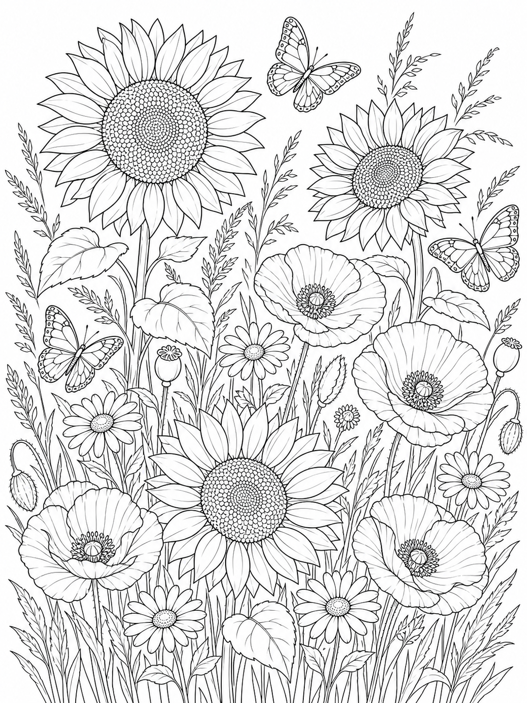 Sunflowers And Poppies — flower coloring pages for adults