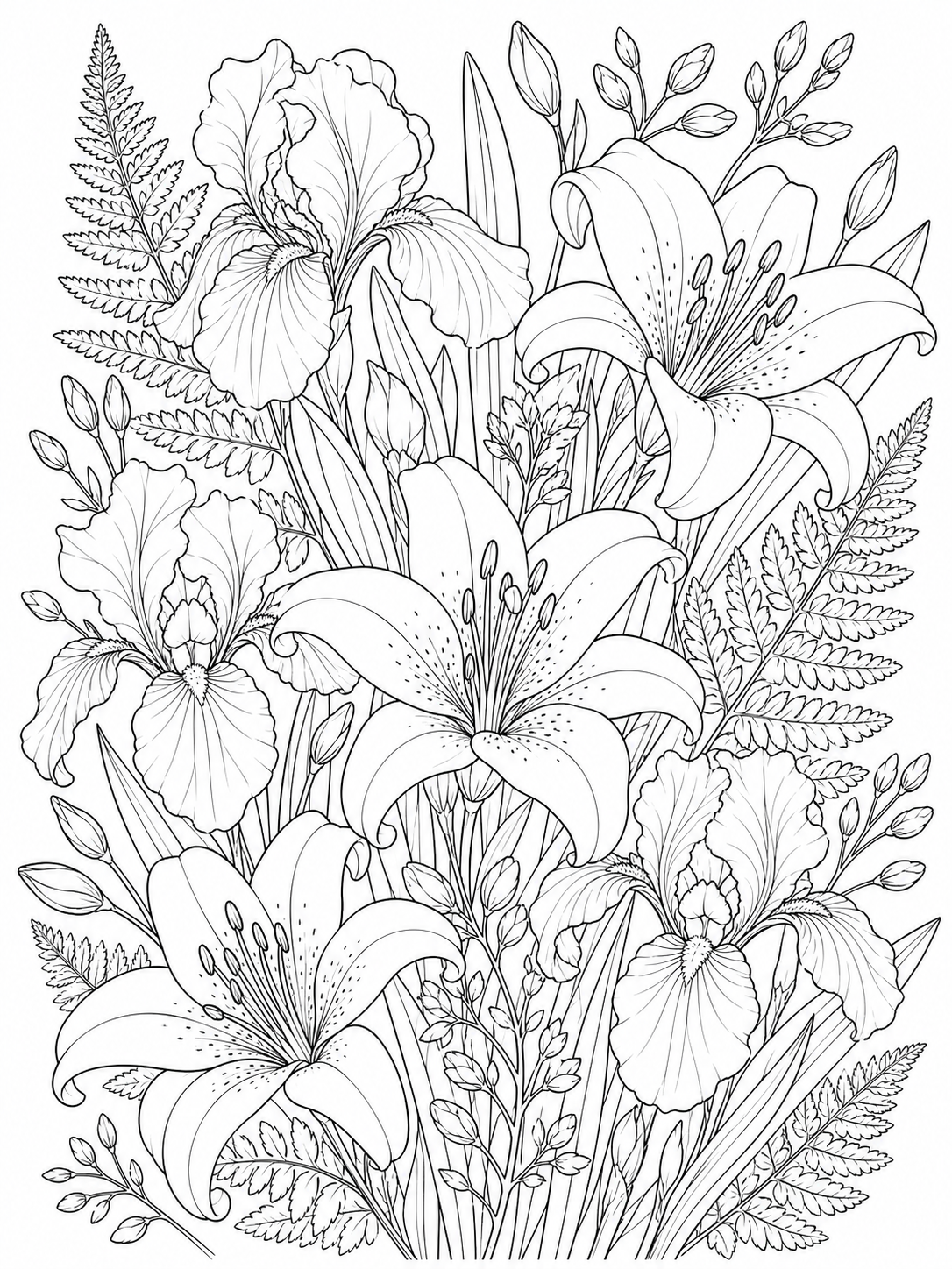 Lilies And Irises — flower coloring pages for adults