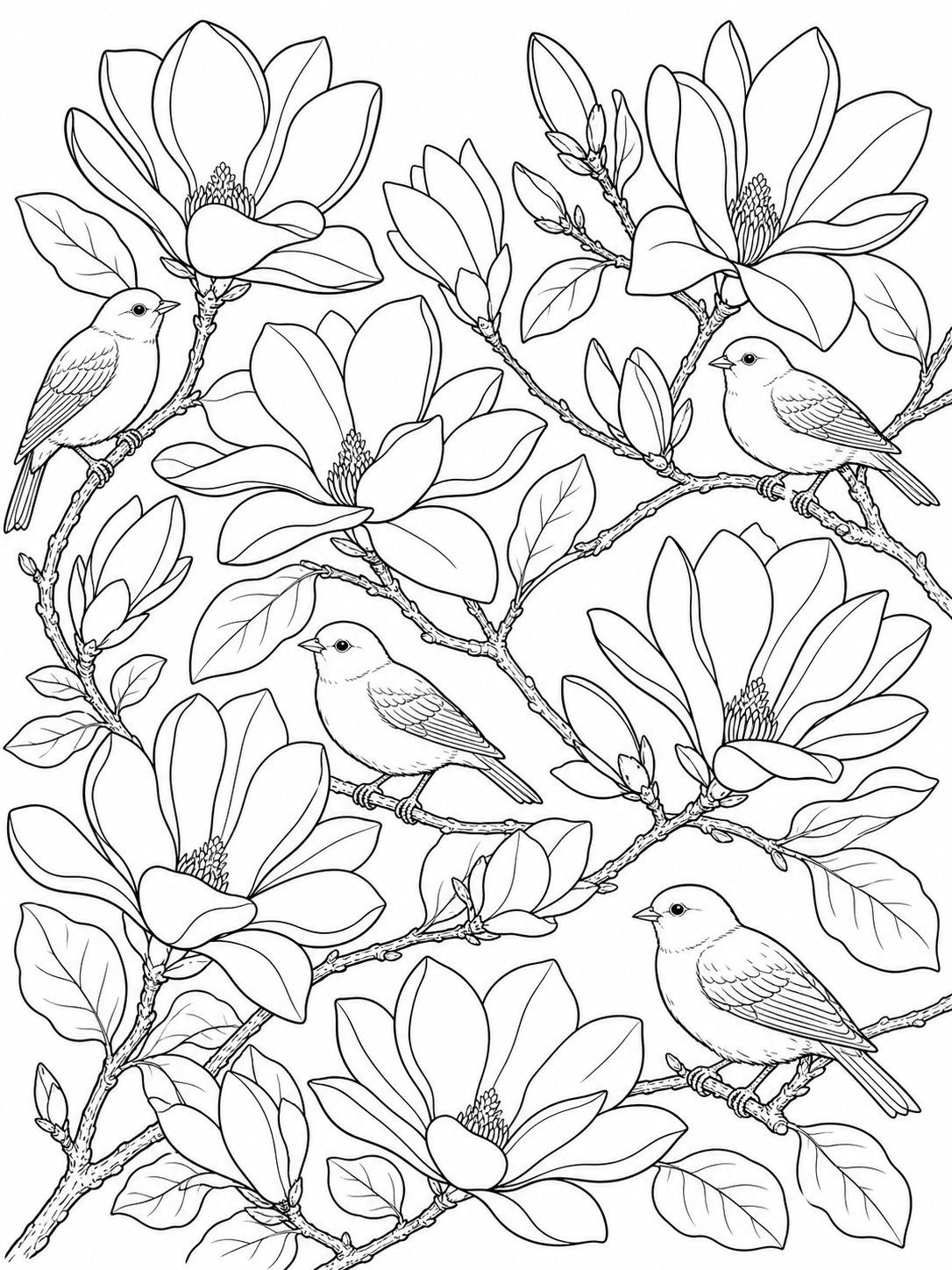 Magnolia Branch With Birds — flower coloring pages for adults
