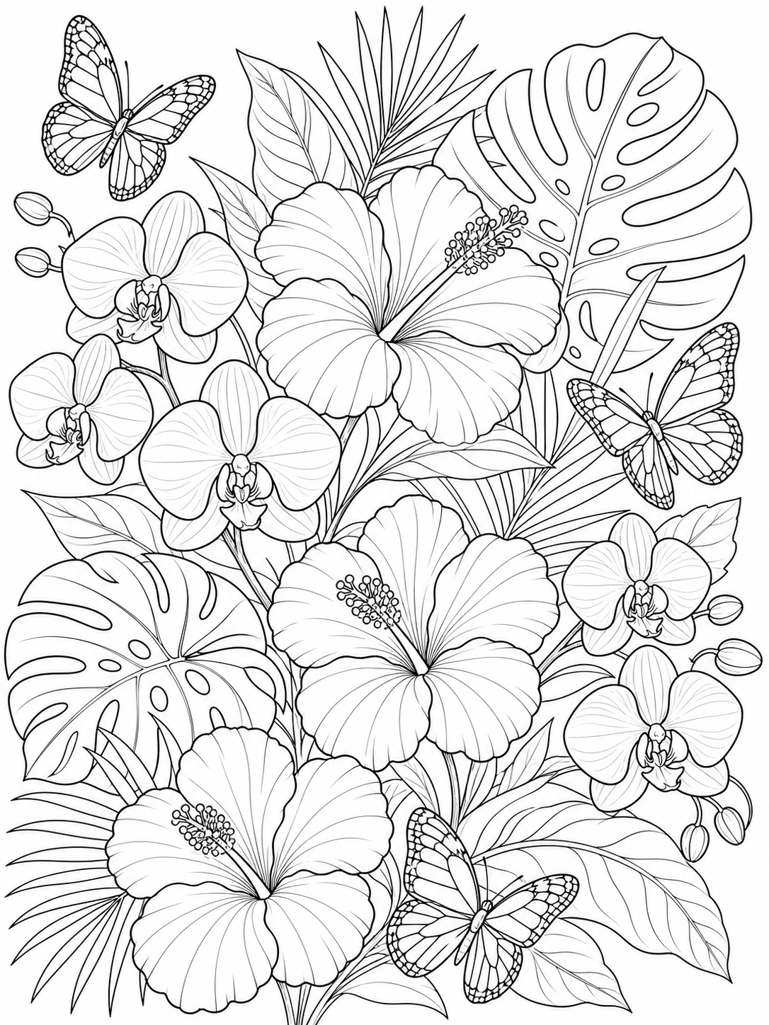 Hibiscus And Tropical Leaves — flower coloring pages for adults