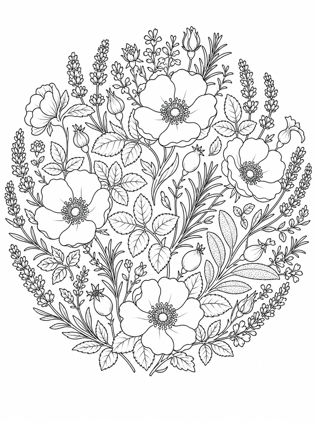 Round Wildflower Arrangement — flower coloring pages for adults