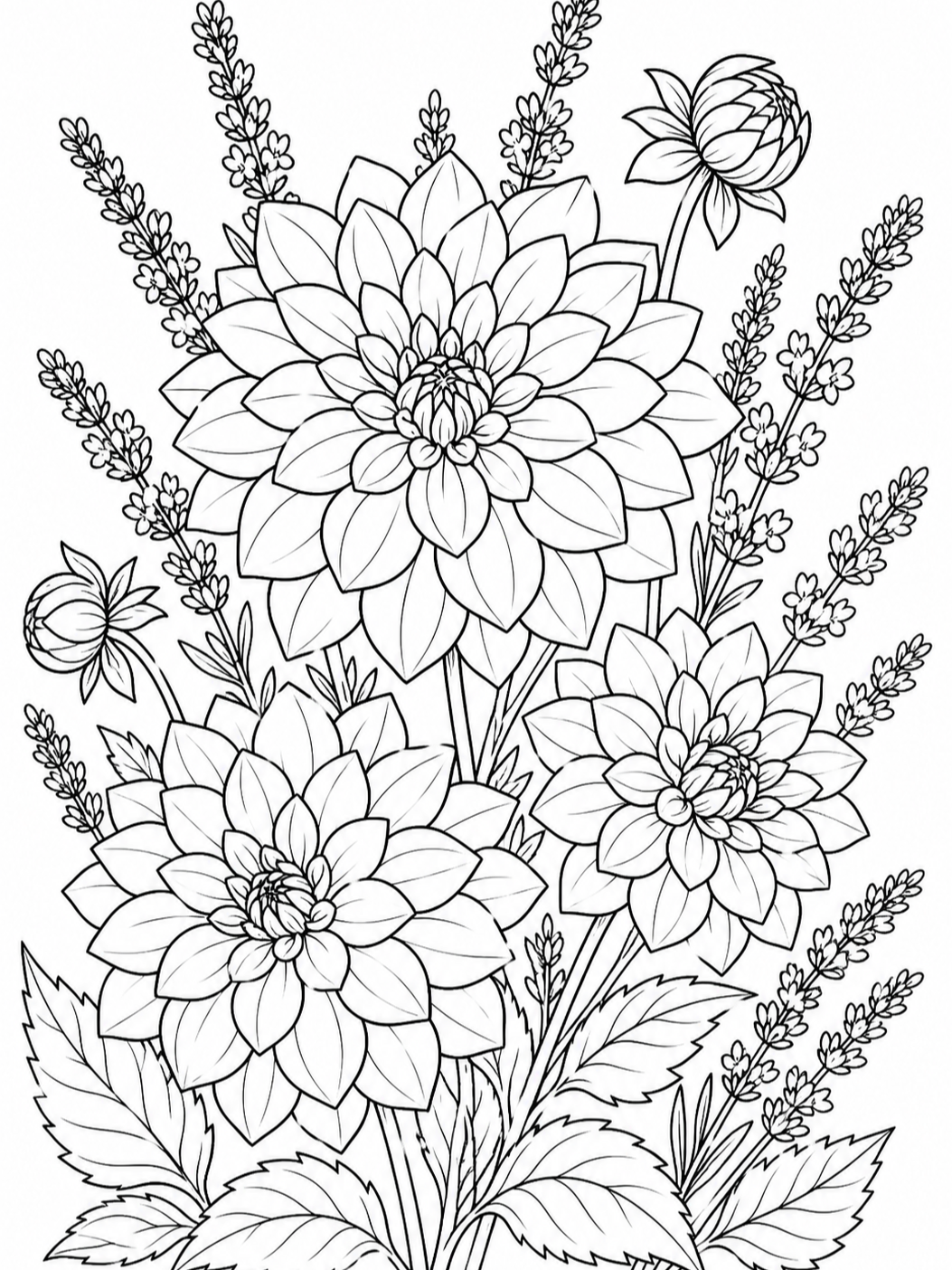 Dahlias And Lavender — flower coloring pages