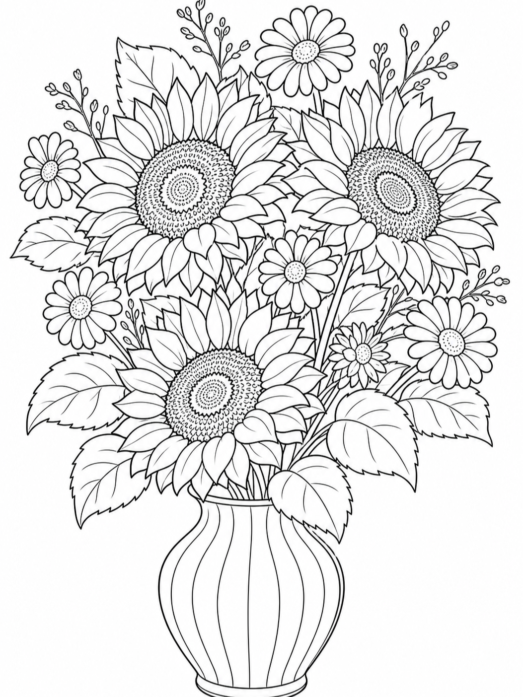 Sunflowers In Vase — flower coloring pages