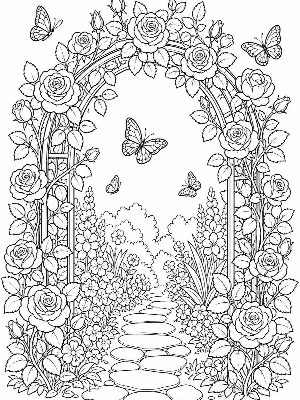 Rose Archway With Butterflies — flower coloring pages