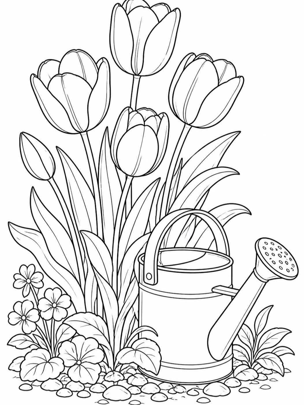 Tulips And Watering Can — flower coloring pages