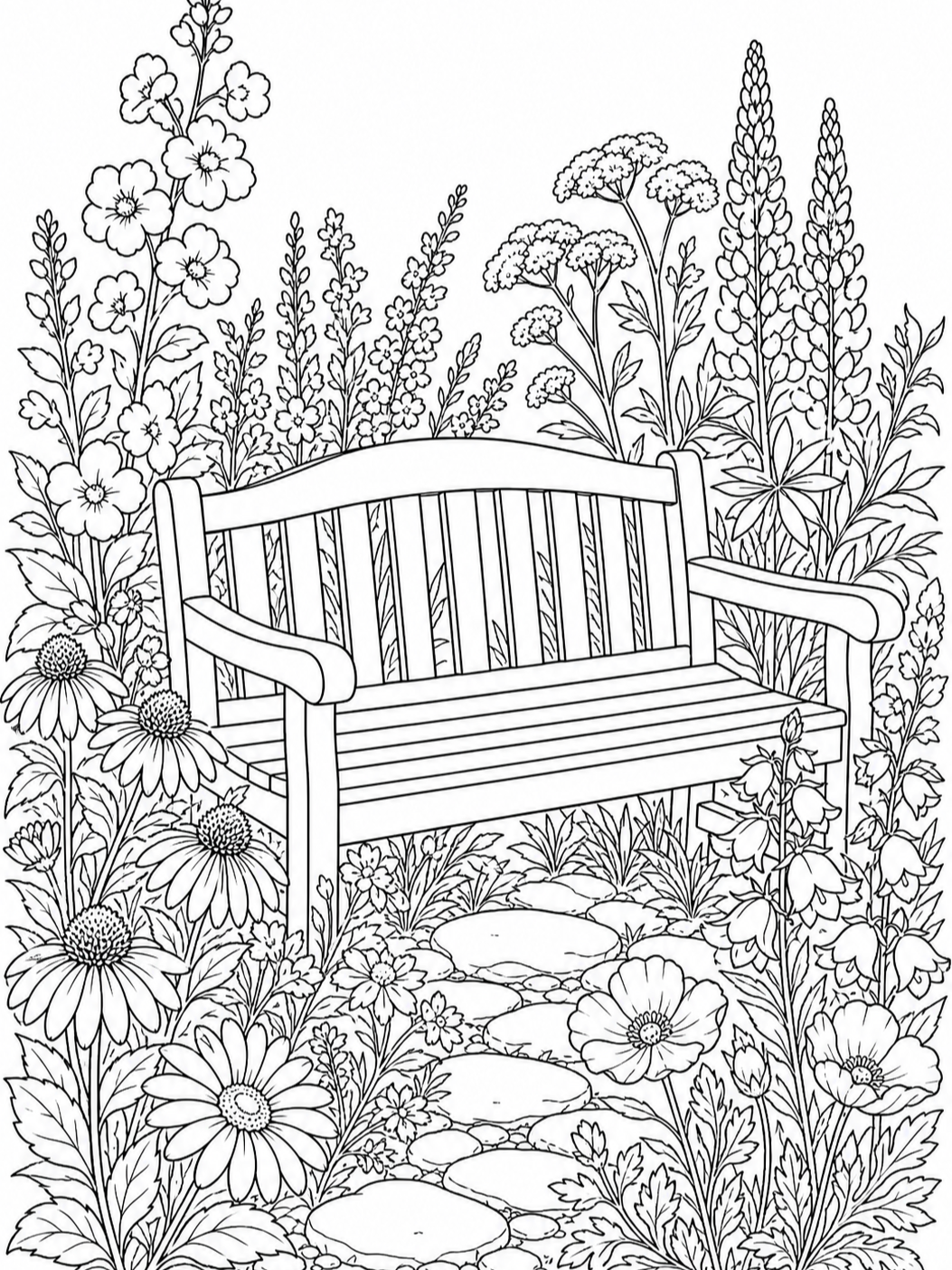 Garden Bench With Flowers — flower coloring pages