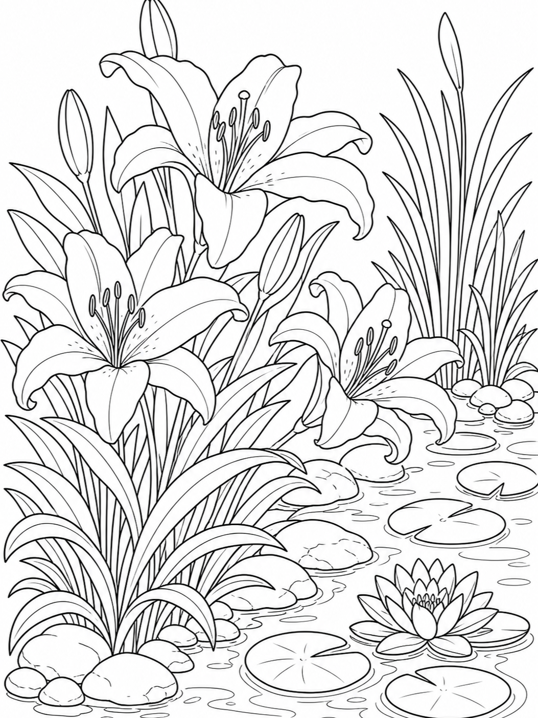 Lilies By The Pond — flower coloring pages