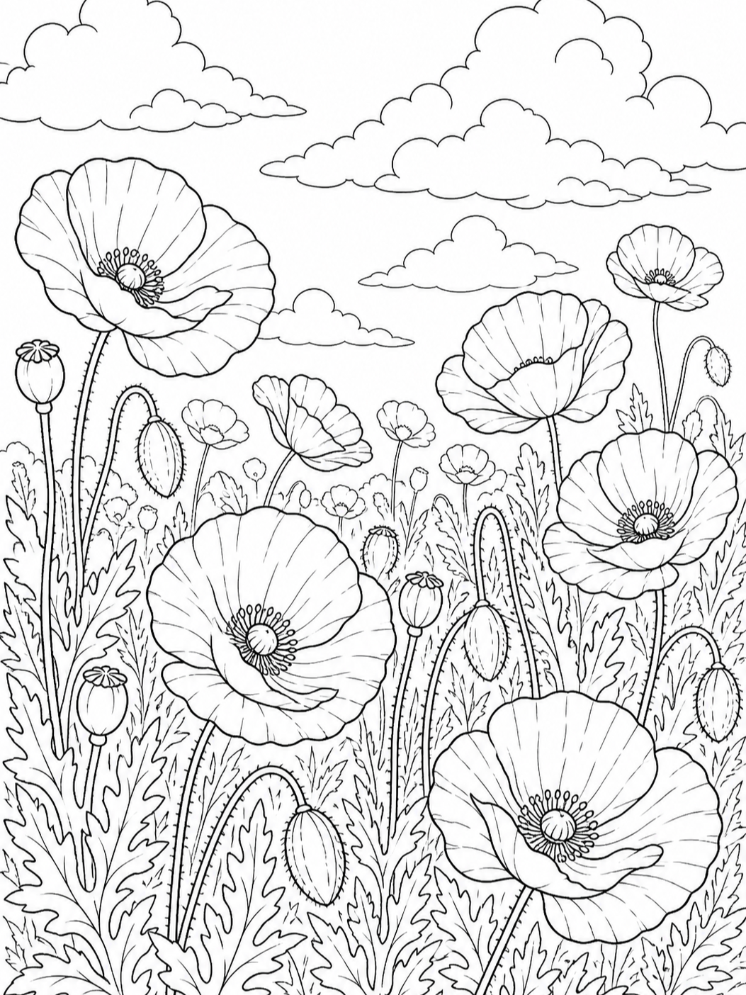 Poppy Field — flower coloring pages