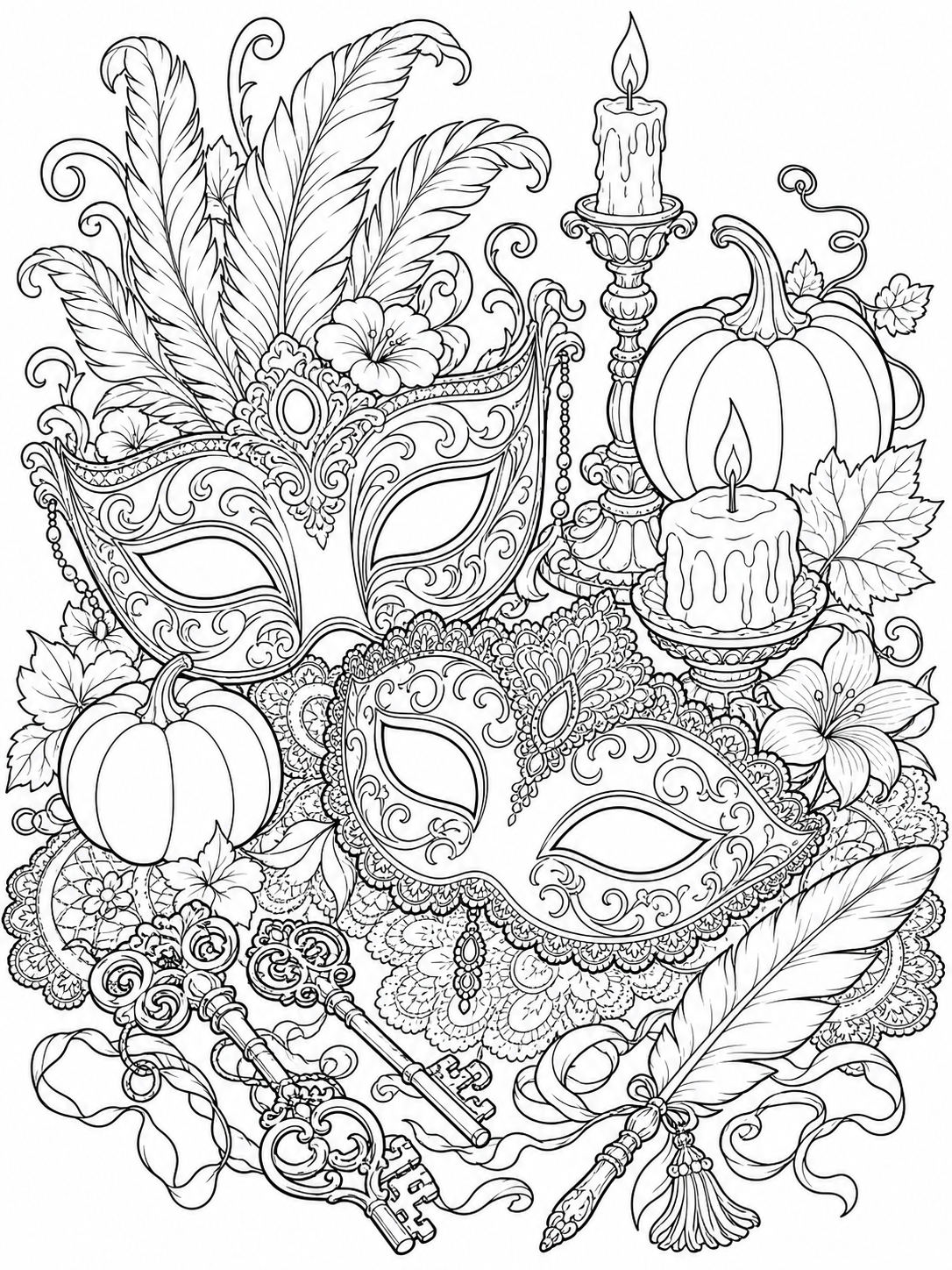 Masquerade Masks Display — halloween coloring pages for adults