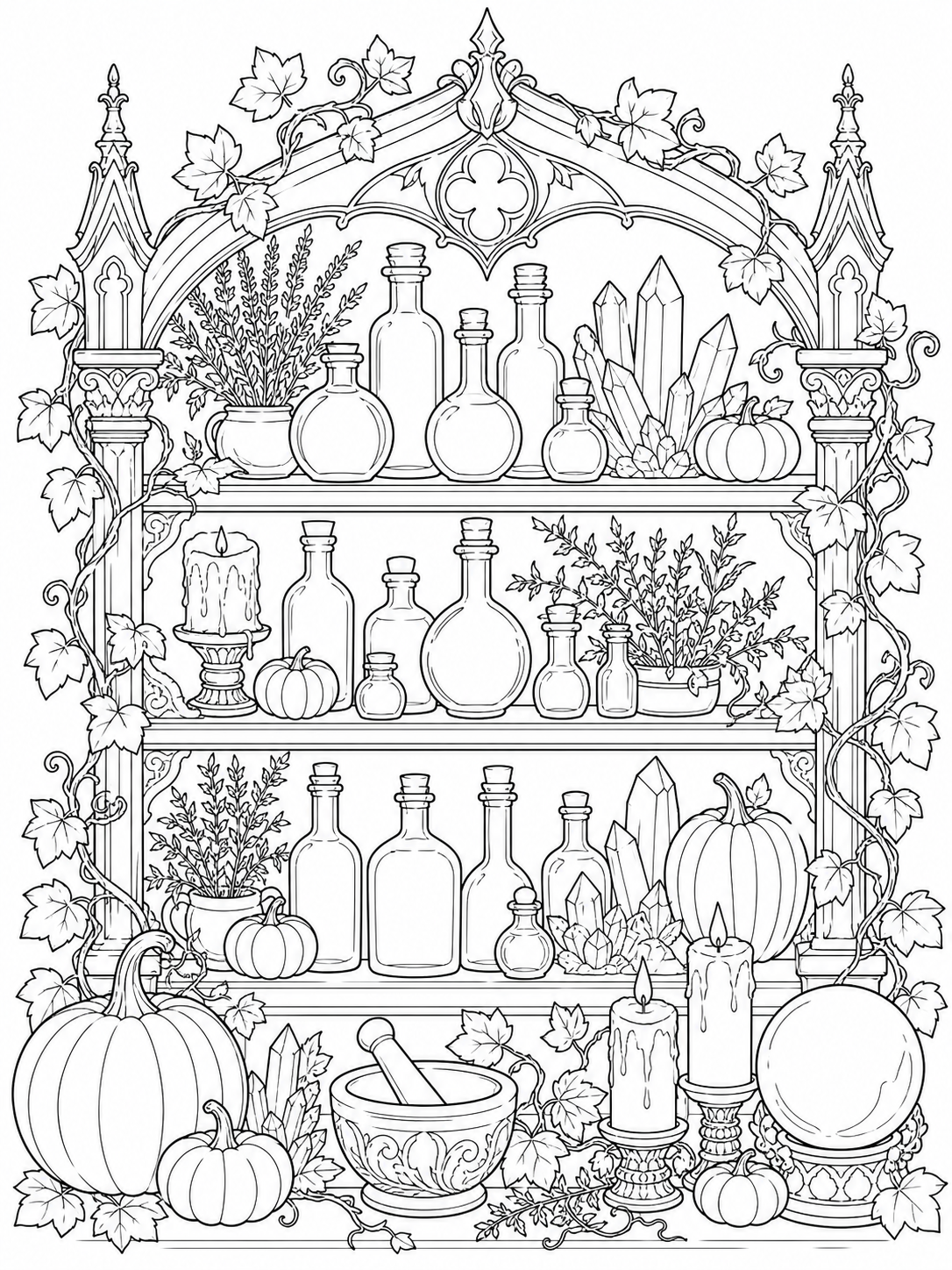 Witch's Potion Shelf — halloween coloring pages for adults