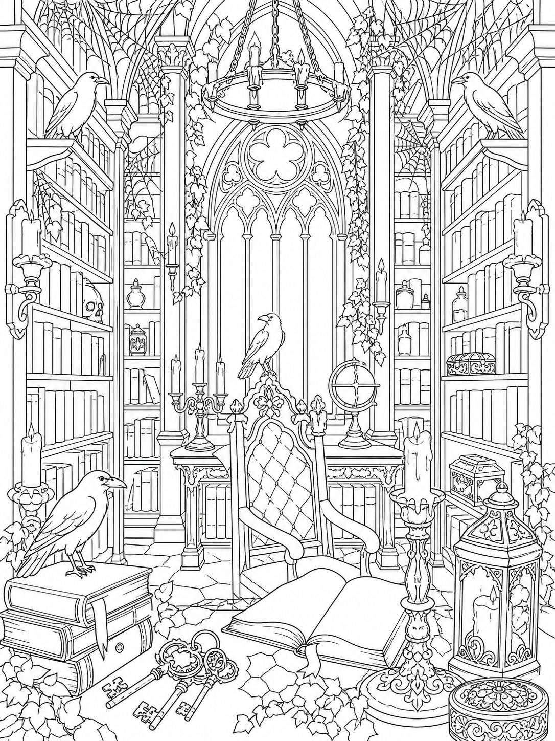 Gothic Library Interior — halloween coloring pages for adults