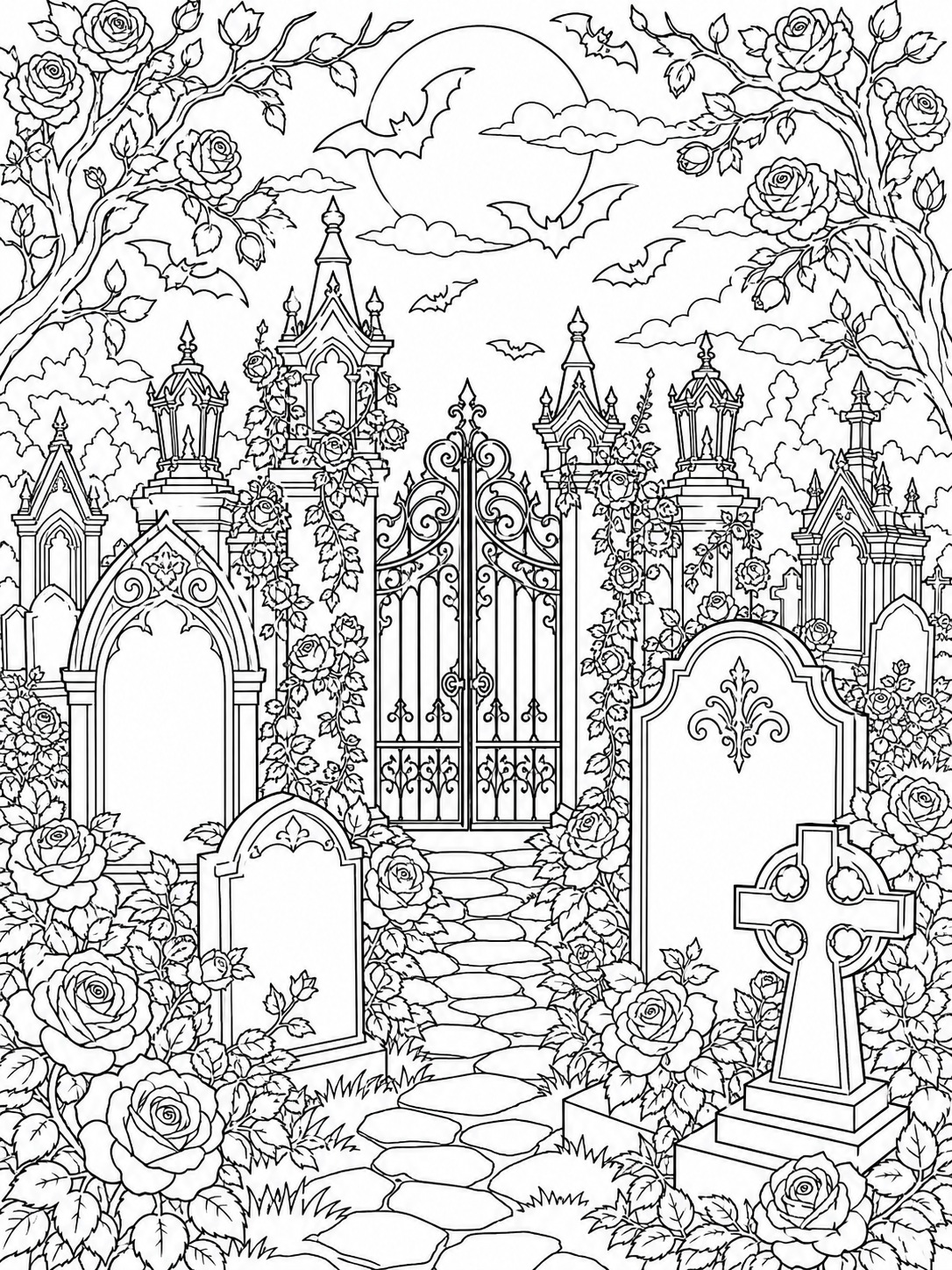 Gothic Cemetery Gate — halloween coloring pages for adults