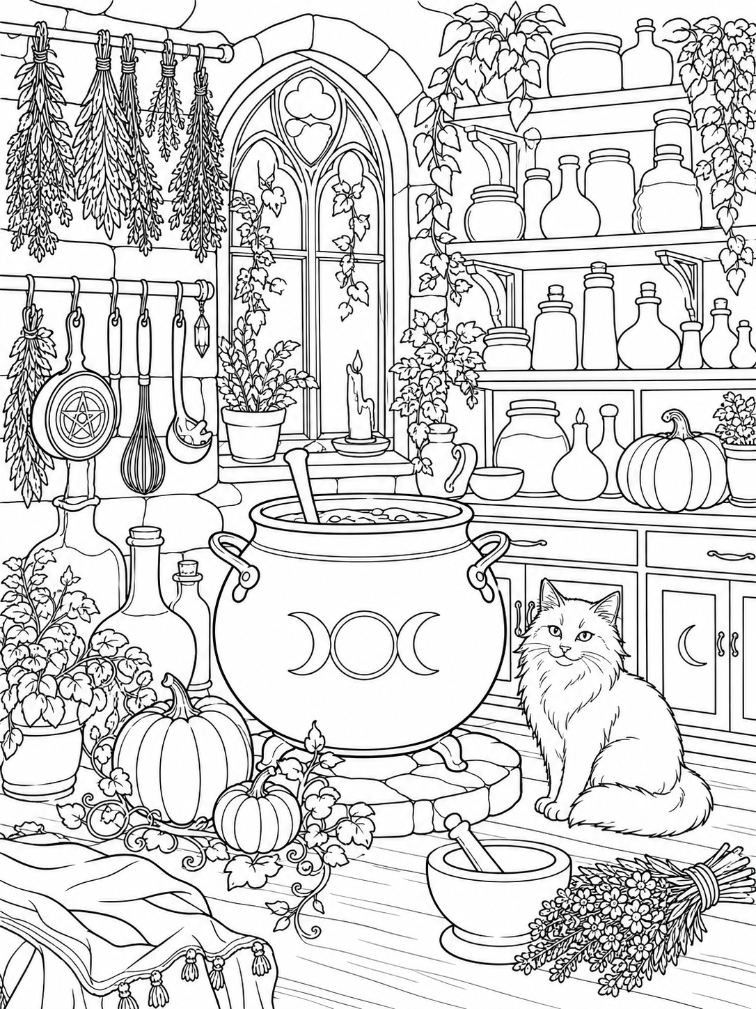 Witch's Cottage Kitchen — halloween coloring pages for adults