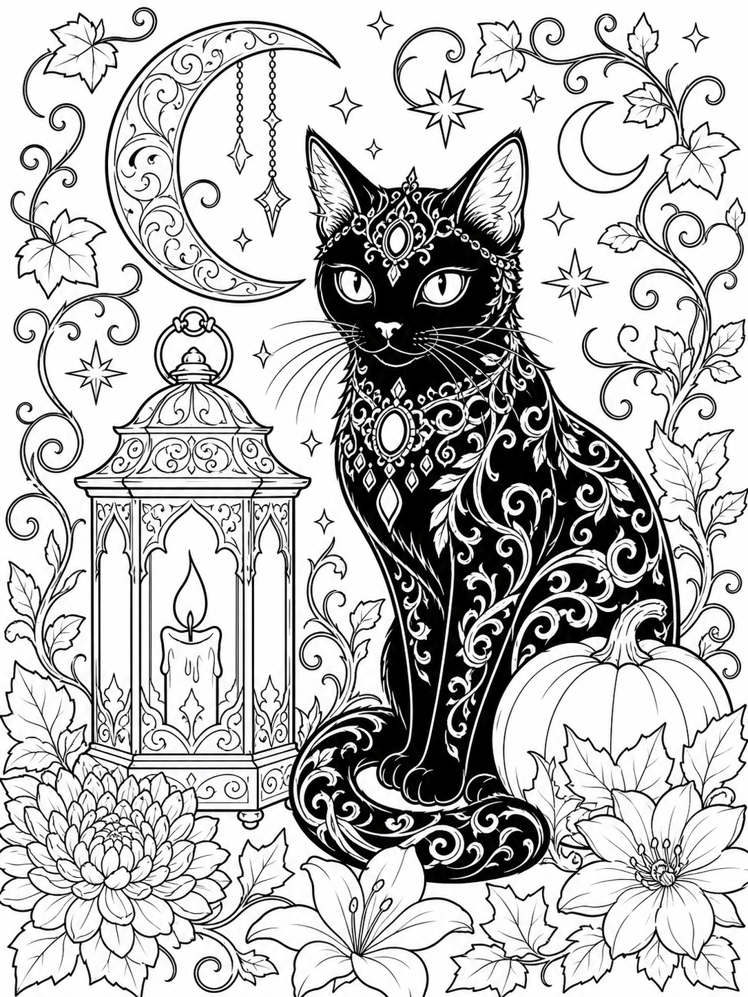 Ornate Black Cat — halloween coloring pages for adults