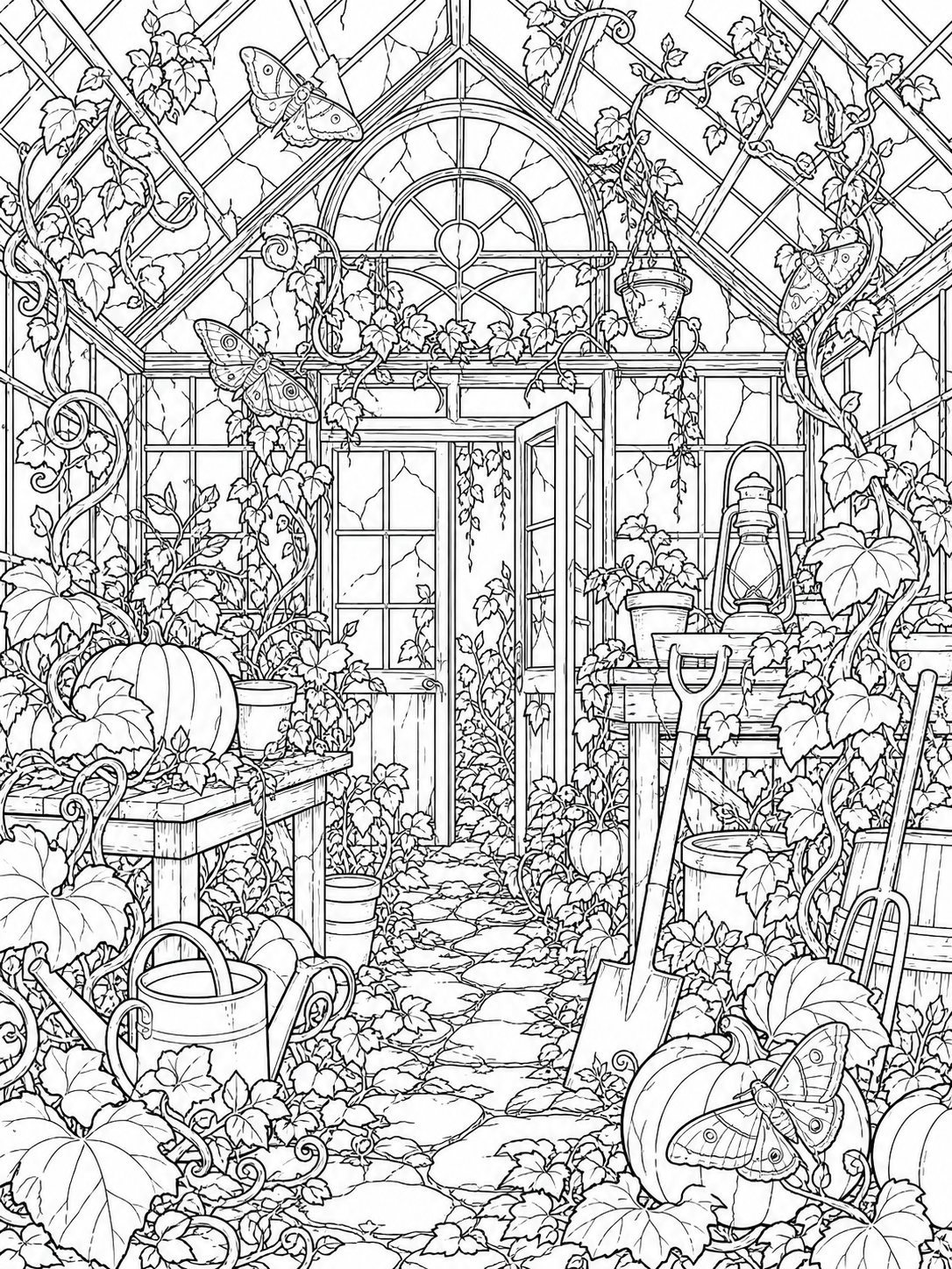 Autumn Greenhouse Scene — halloween coloring pages for adults