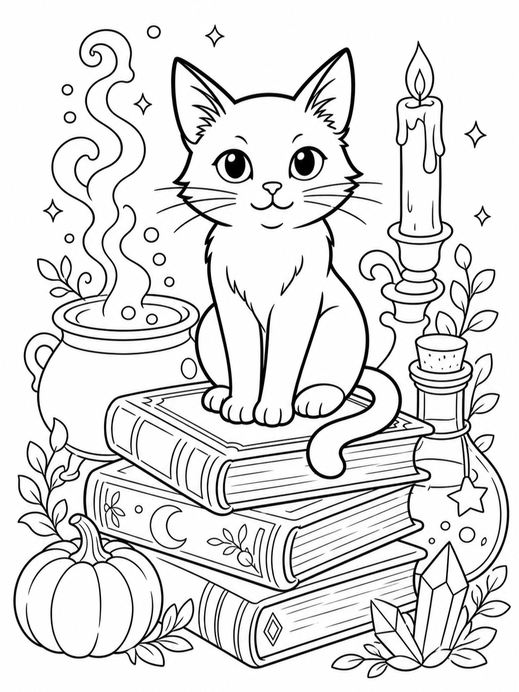 Cat On Spellbooks — halloween coloring pages