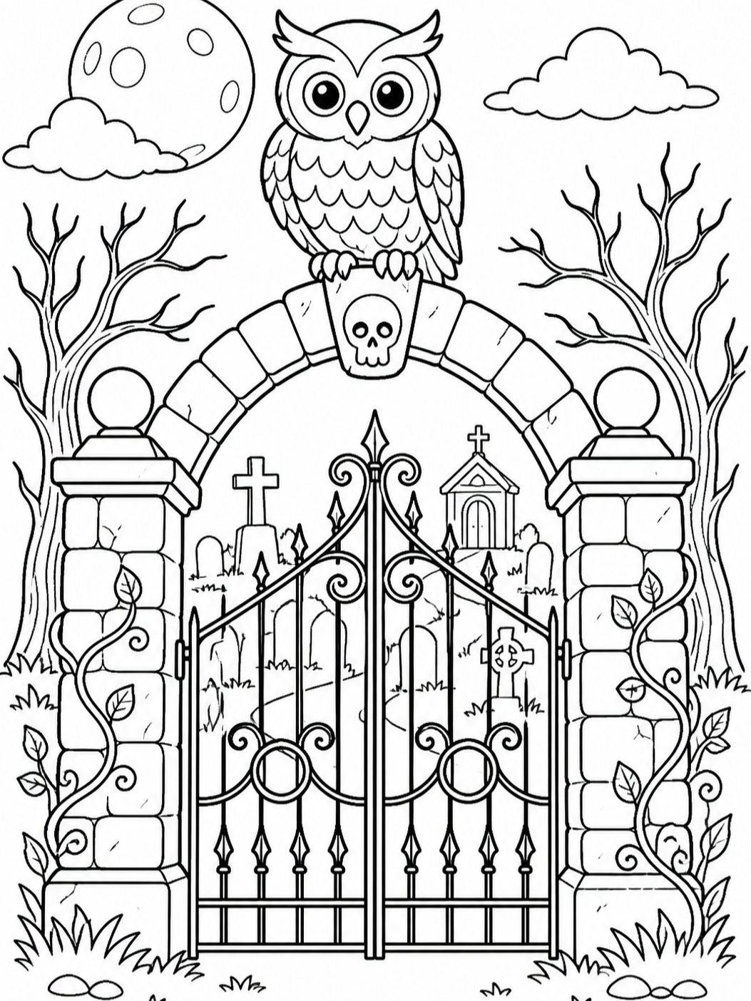 Owl On Cemetery Gate — halloween coloring pages