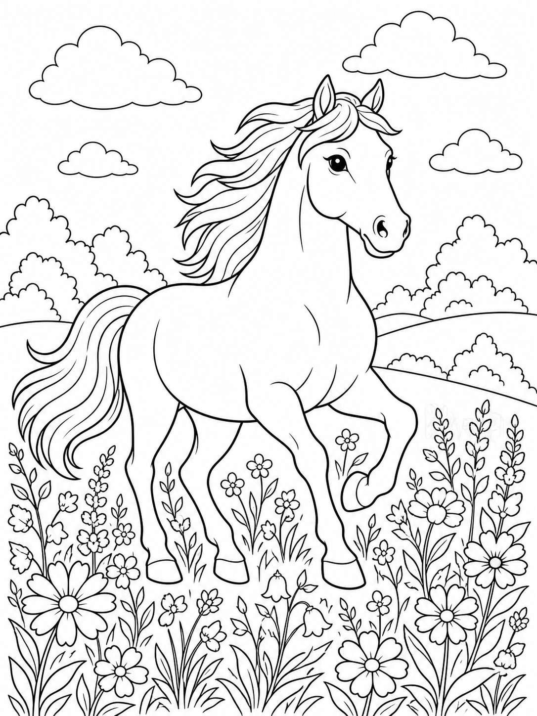 Horse In Wildflower Field — horse coloring pages