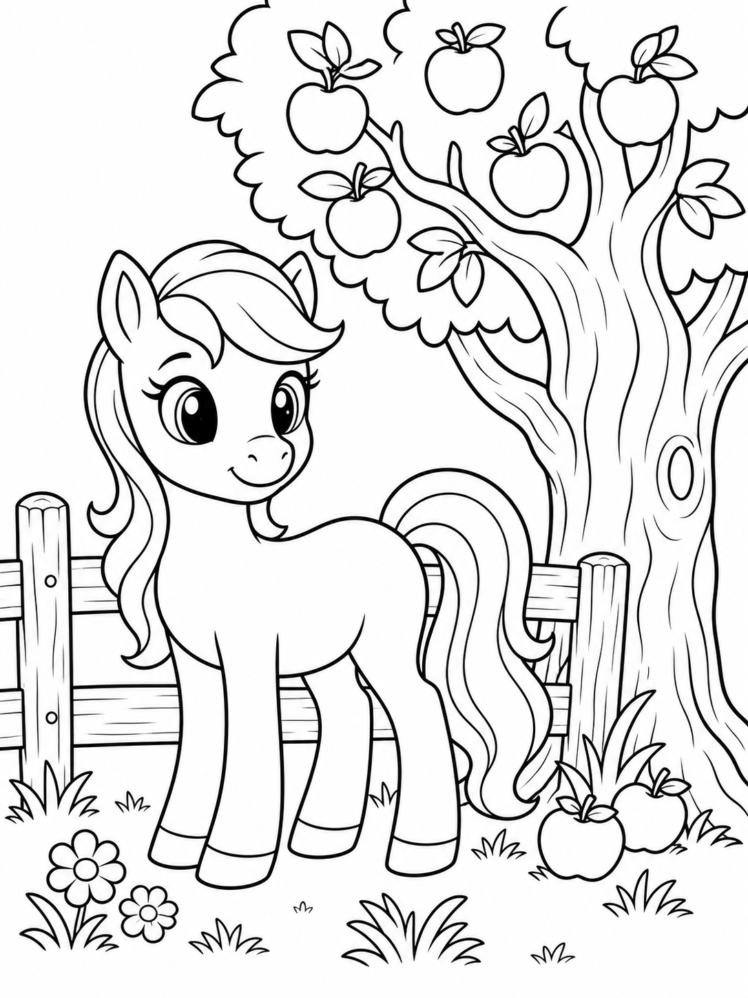 Pony Under Apple Tree — horse coloring pages