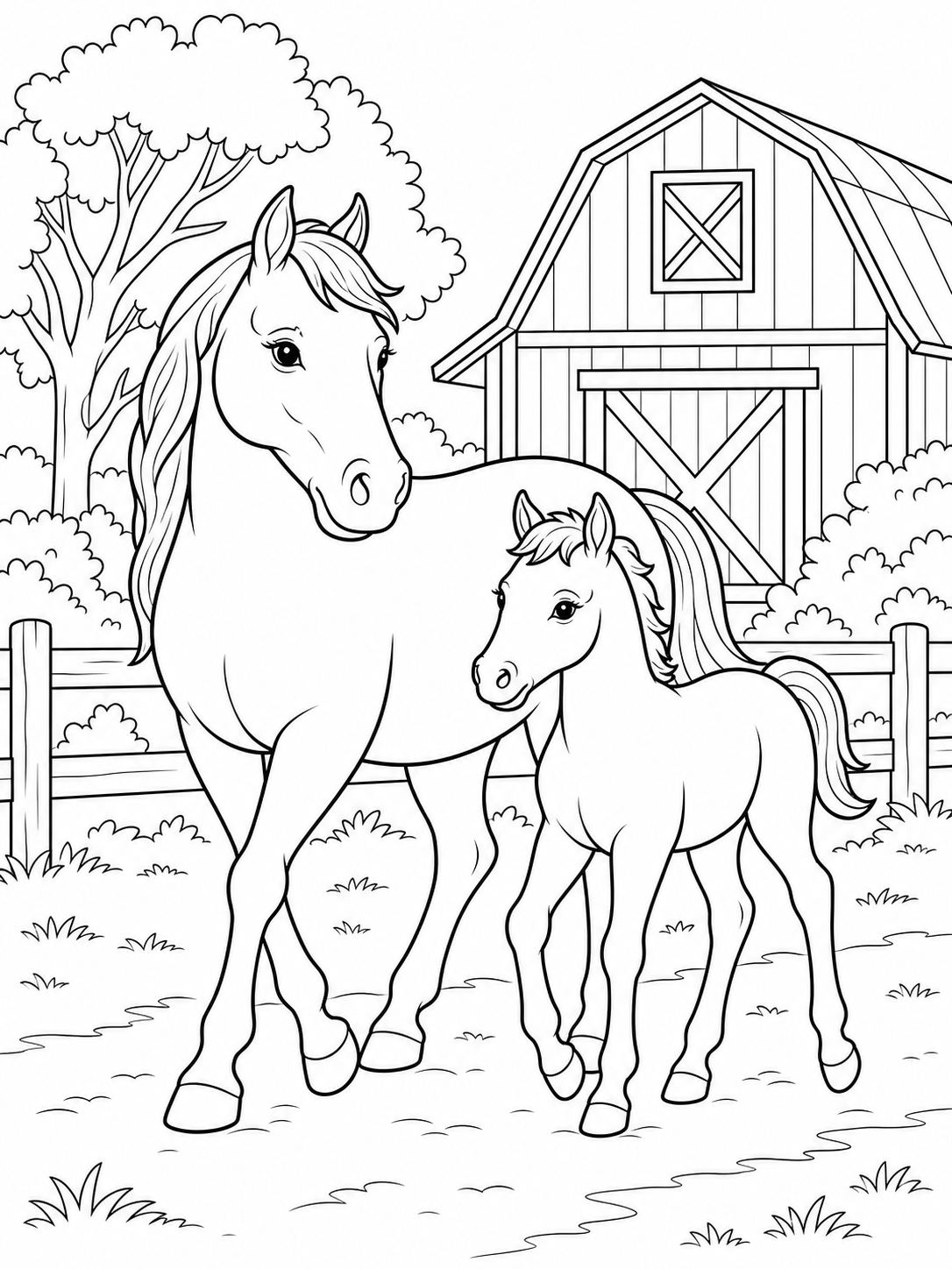 Mare And Foal At Barn — horse coloring pages