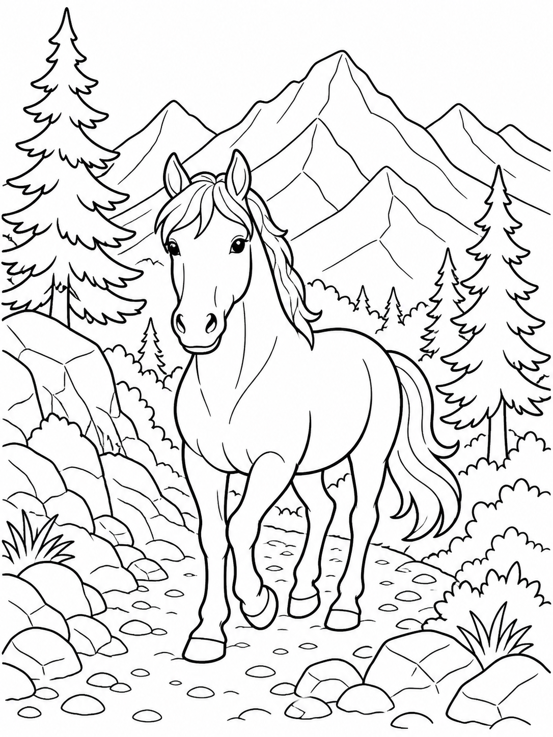 Horse Among Mountain Pines — horse coloring pages