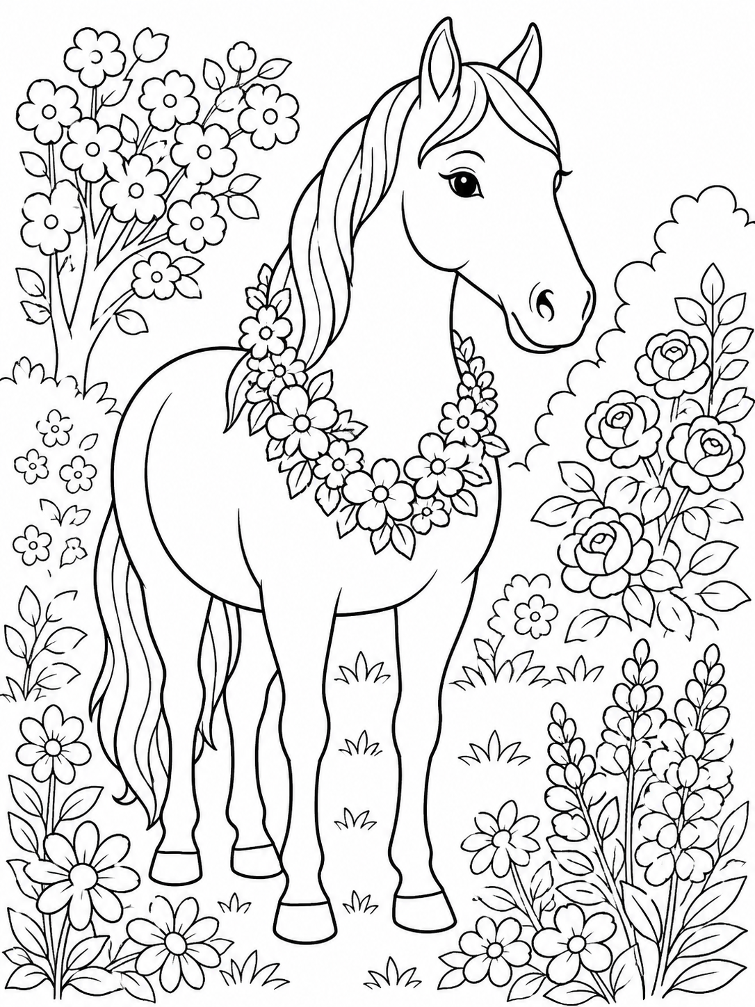 Horse With Flower Garland — horse coloring pages