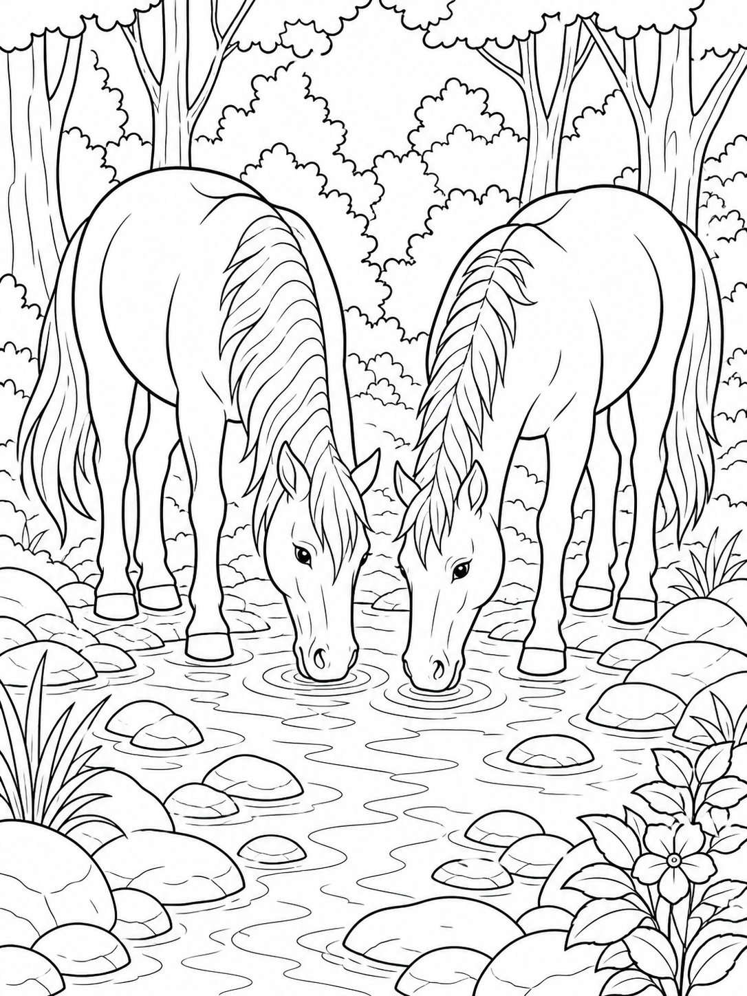 Horses Drinking At Stream — horse coloring pages