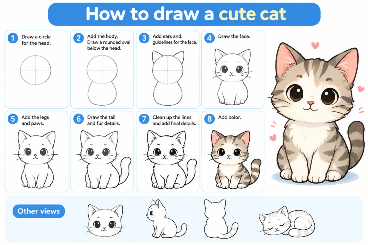 How to draw a cute cat in eight illustrated steps