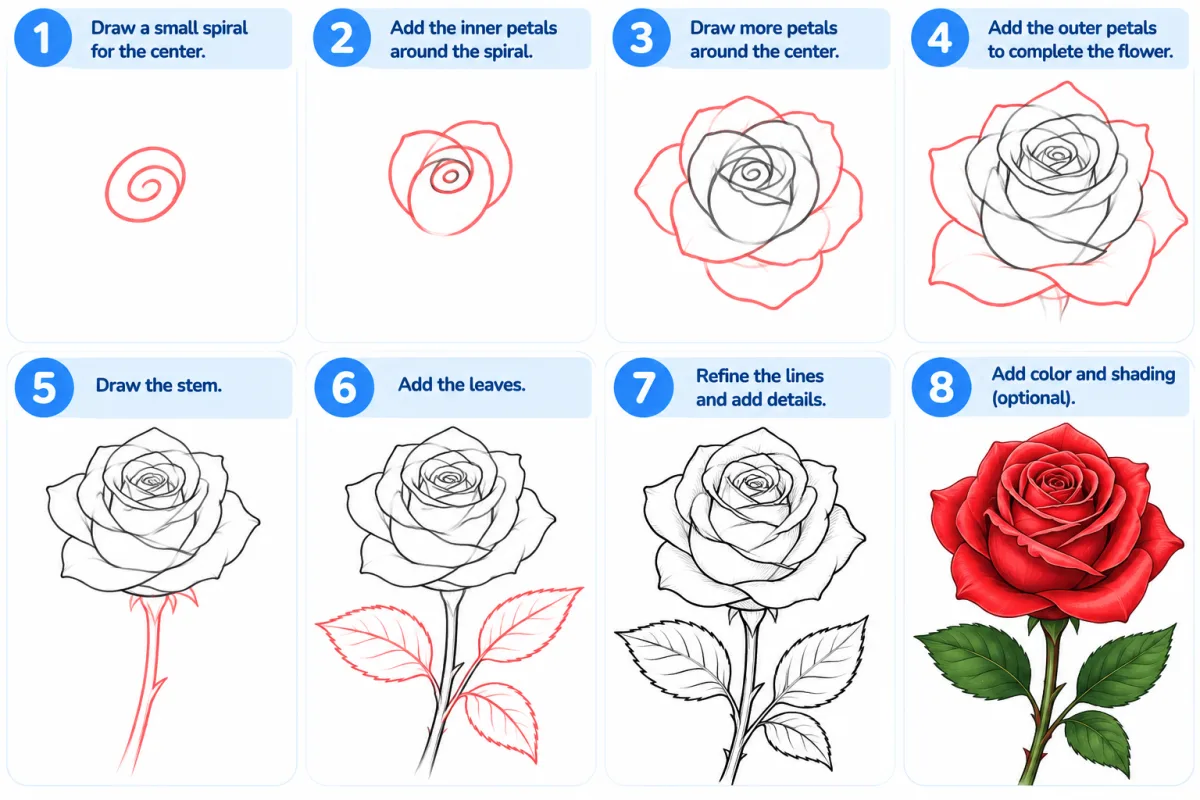 How to draw a rose in eight illustrated steps