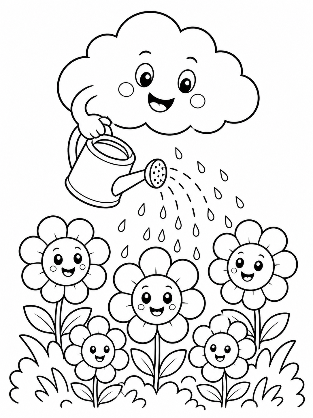 Kawaii Cloud Watering Flowers — kawaii coloring pages