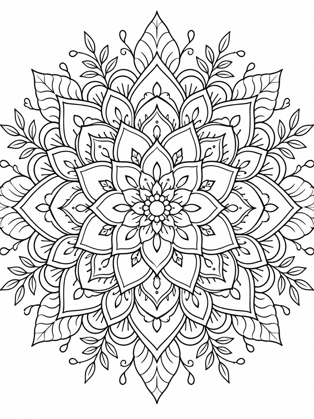 Leafy Flower Mandala — mandala coloring pages for adults