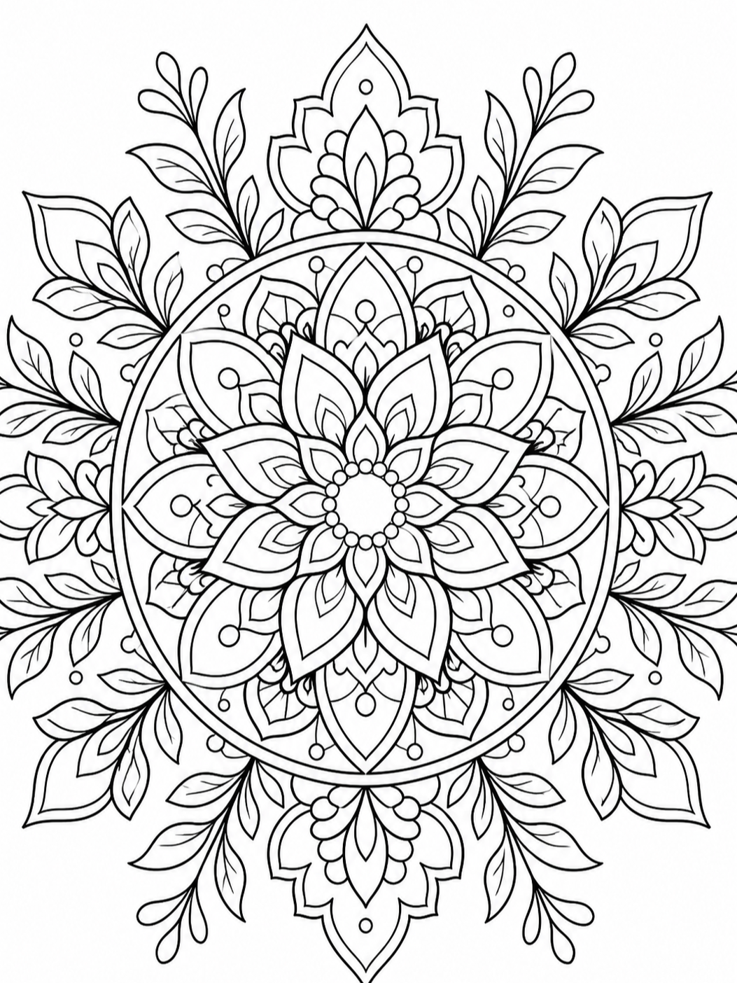 Leaf Bordered Flower Mandala — mandala coloring pages