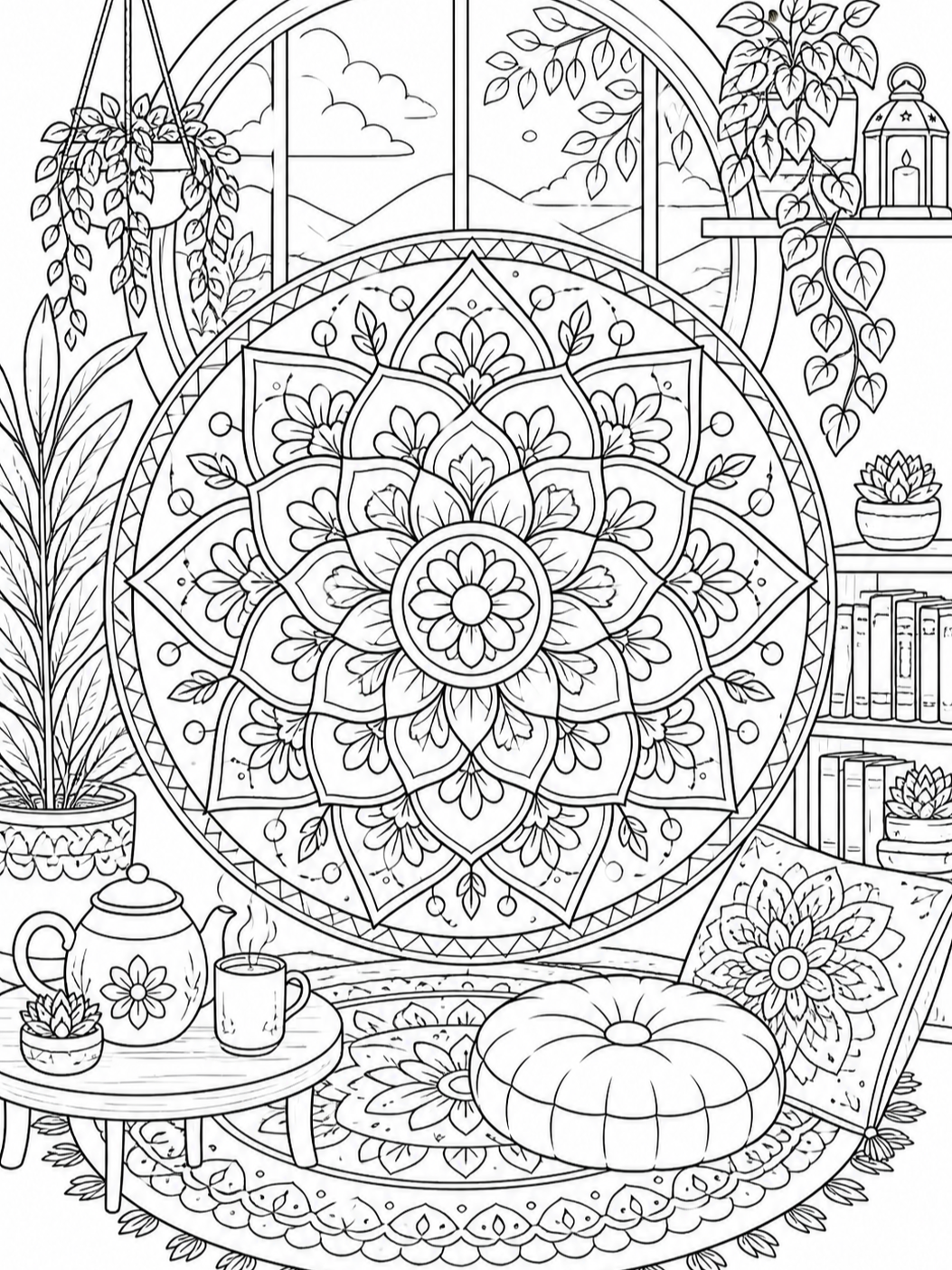 Cozy Room Mandala Scene — mandala coloring pages
