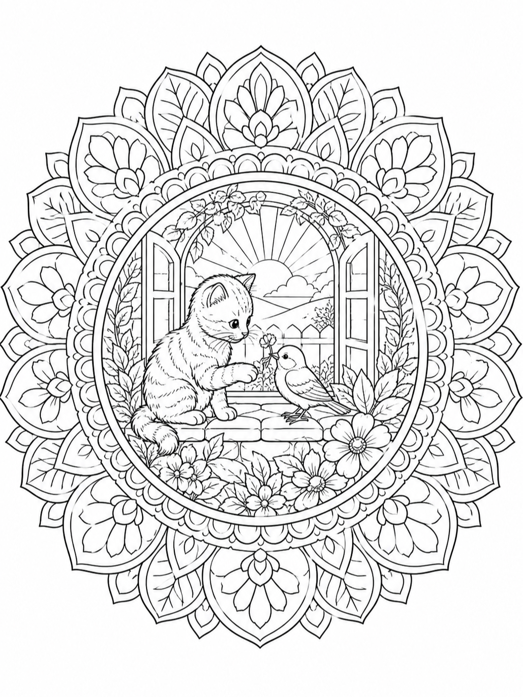 Cat In Window Mandala — mandala coloring pages