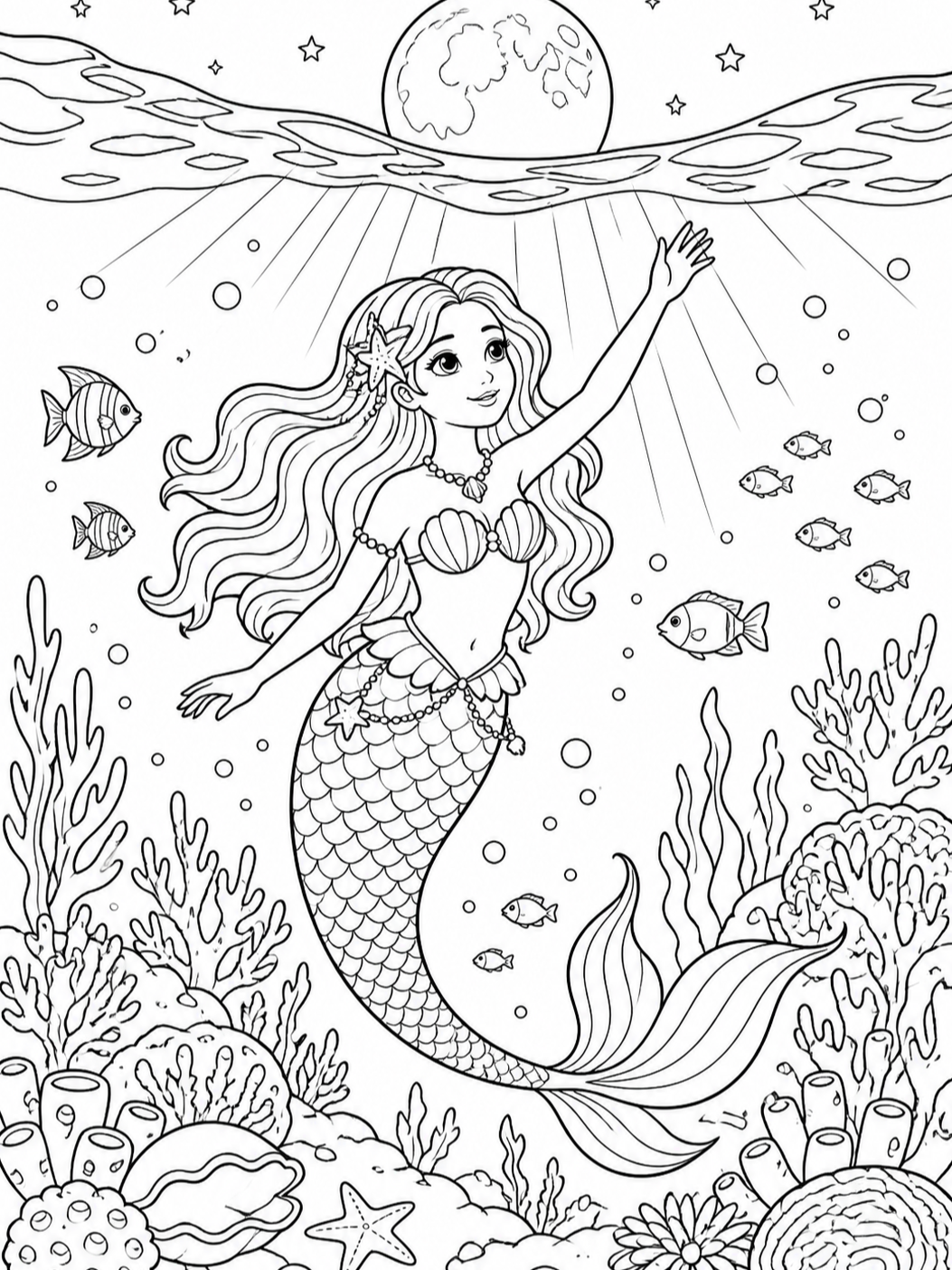 Mermaid Reaching For Moon — mermaid coloring pages
