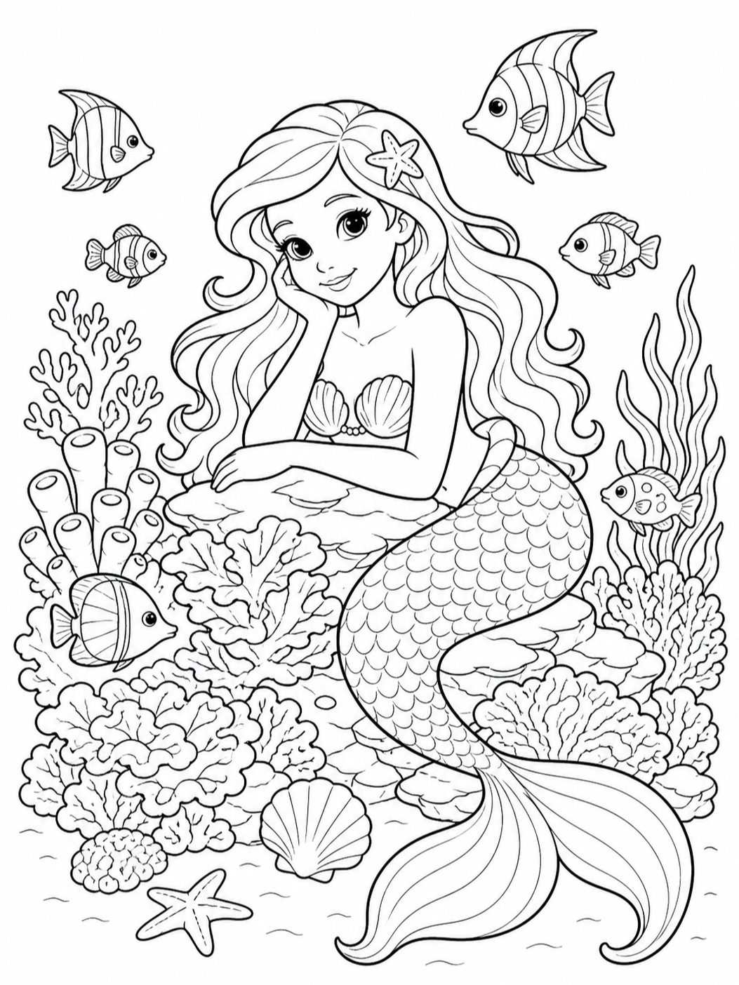 Mermaid On Coral Reef — mermaid coloring pages