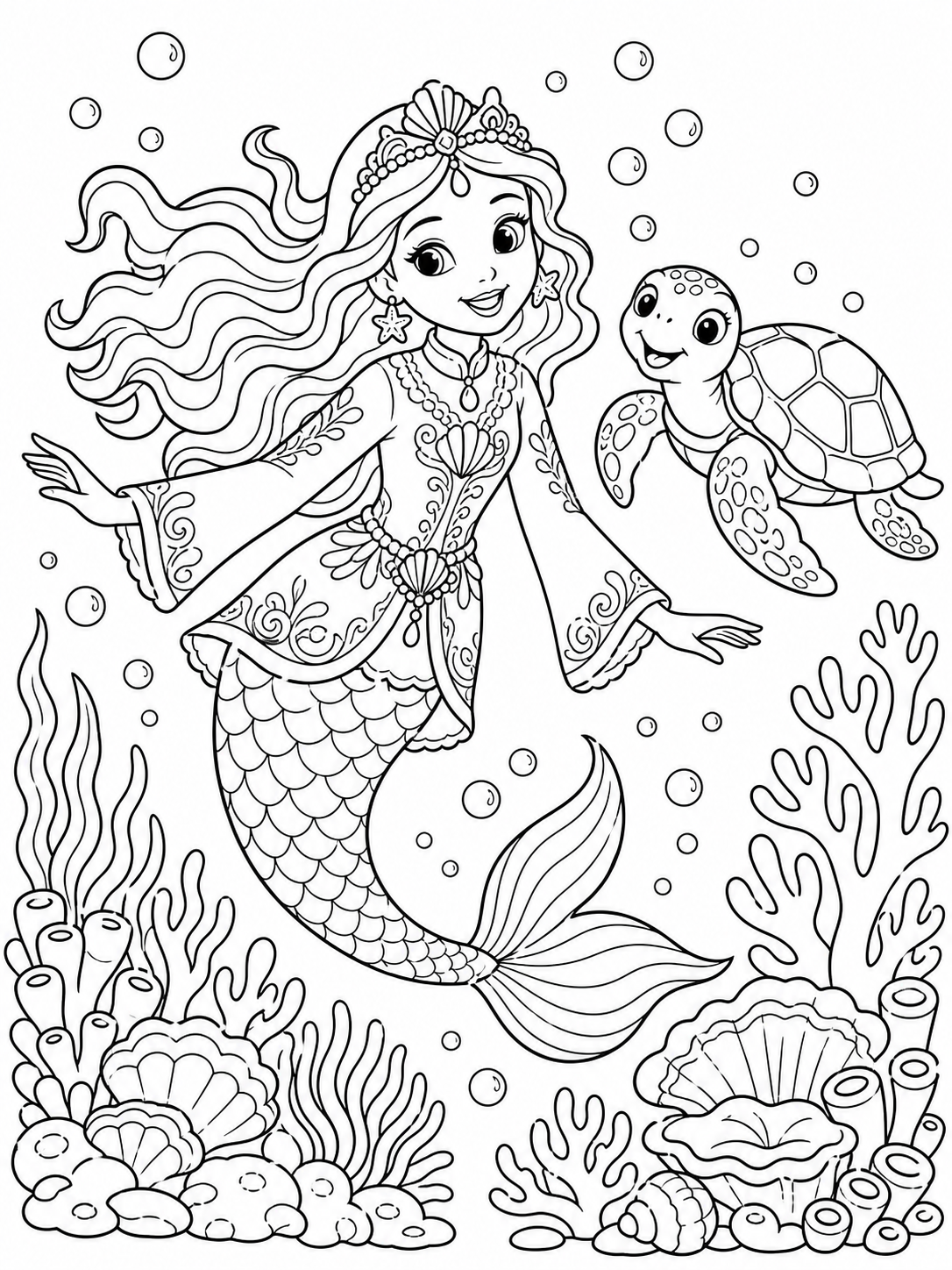 Mermaid With Sea Turtle — mermaid coloring pages