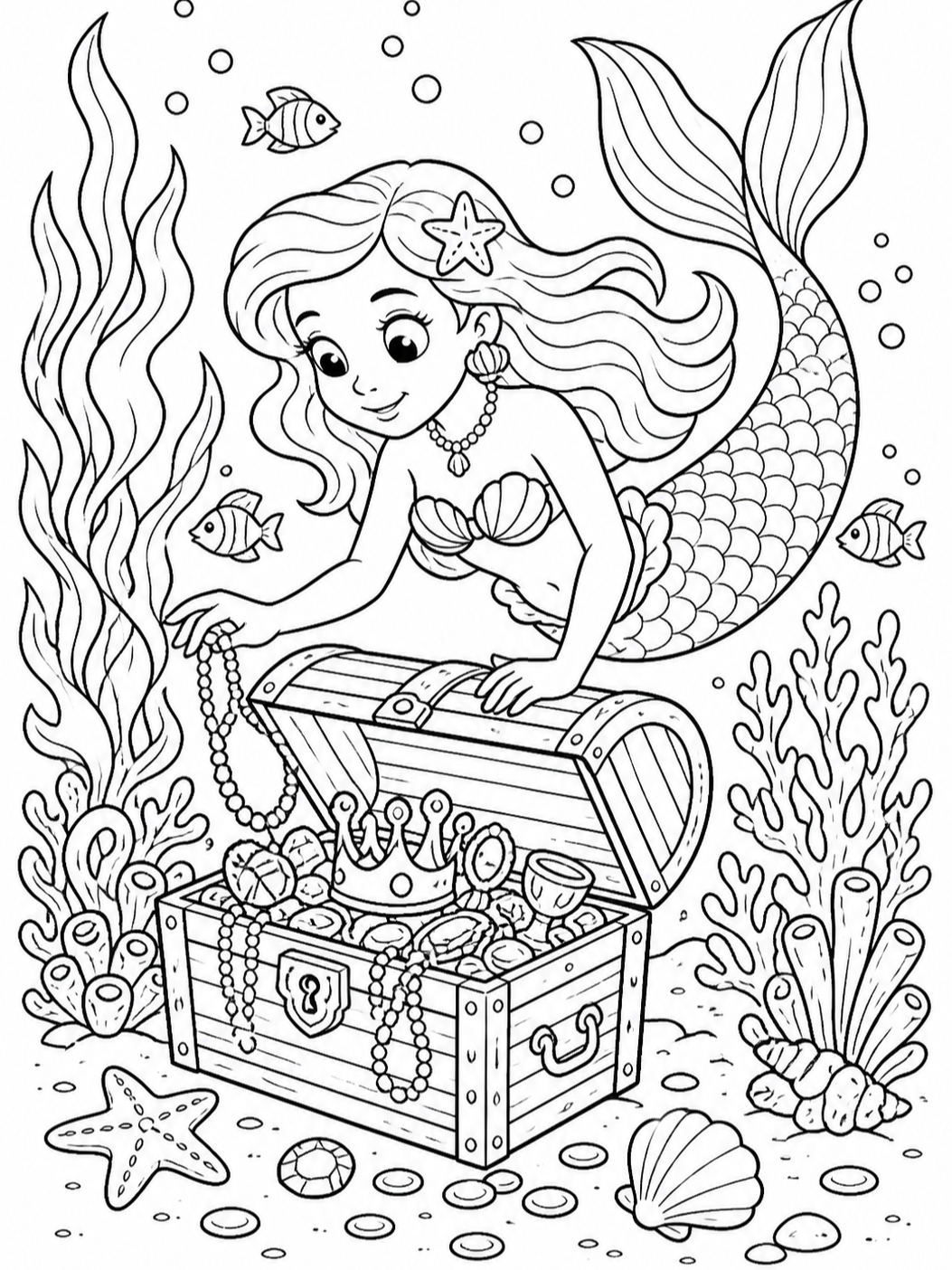 Mermaid With Treasure Chest — mermaid coloring pages