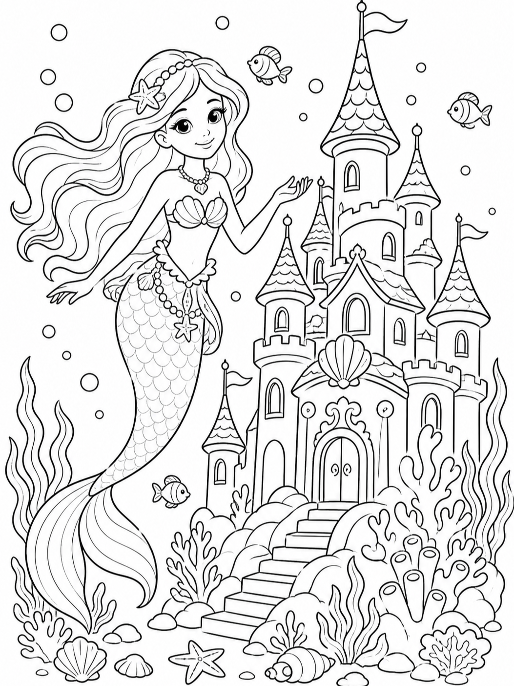 Mermaid Near Sea Castle — mermaid coloring pages