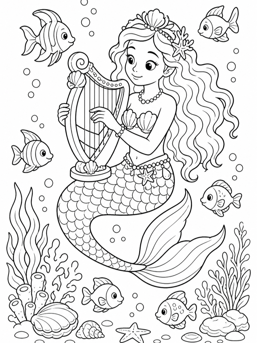 Mermaid Playing Harp — mermaid coloring pages
