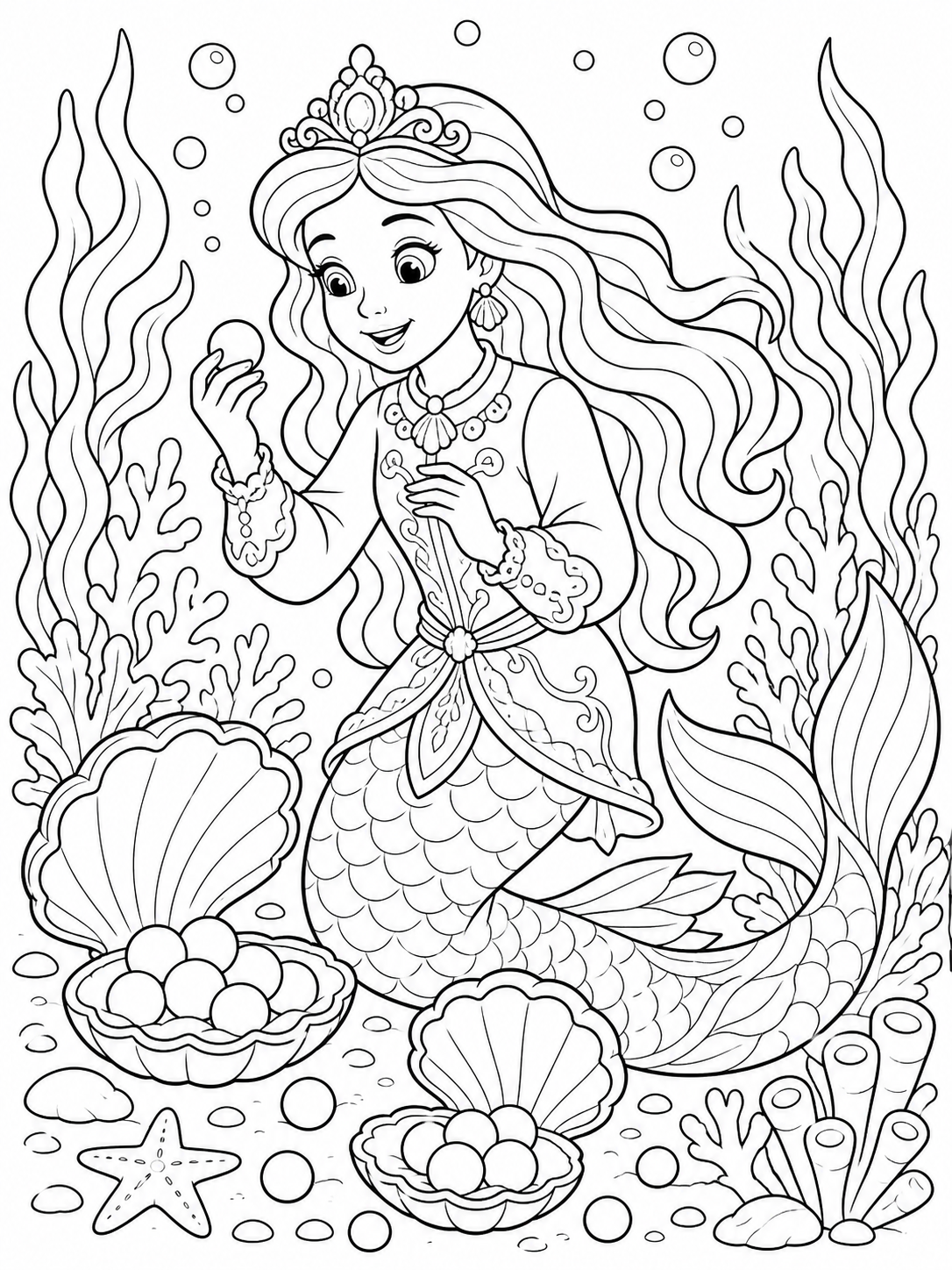 Mermaid With Pearl Shell — mermaid coloring pages