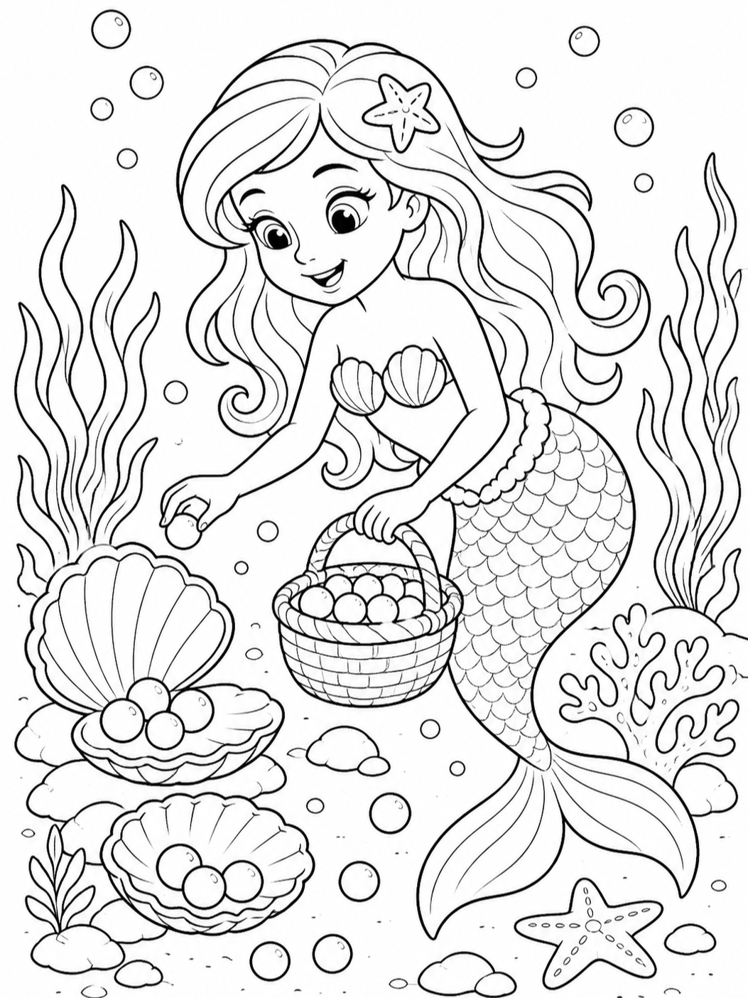 Mermaid Gathering Pearls — mermaid coloring pages