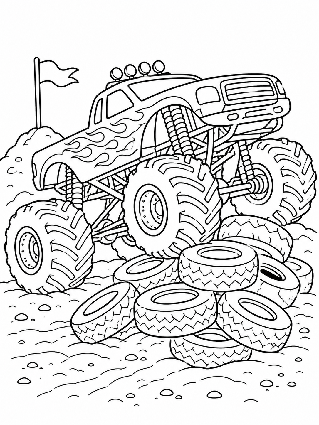 Truck On Tire Pile — monster truck coloring pages