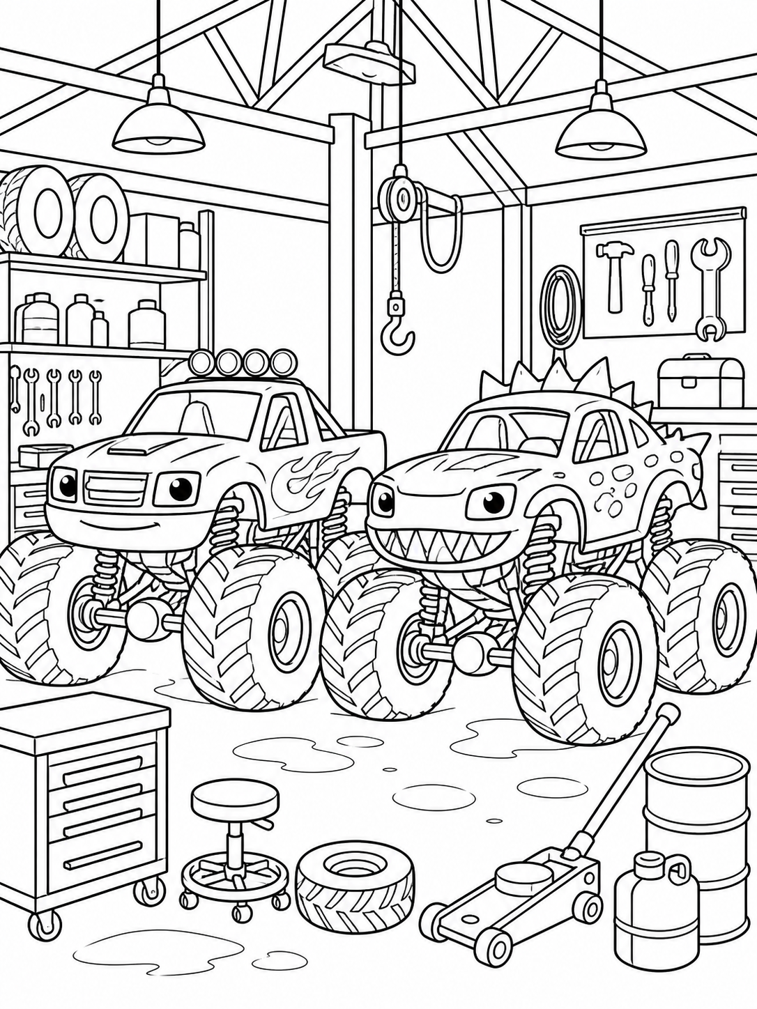 Two Trucks In Garage — monster truck coloring pages