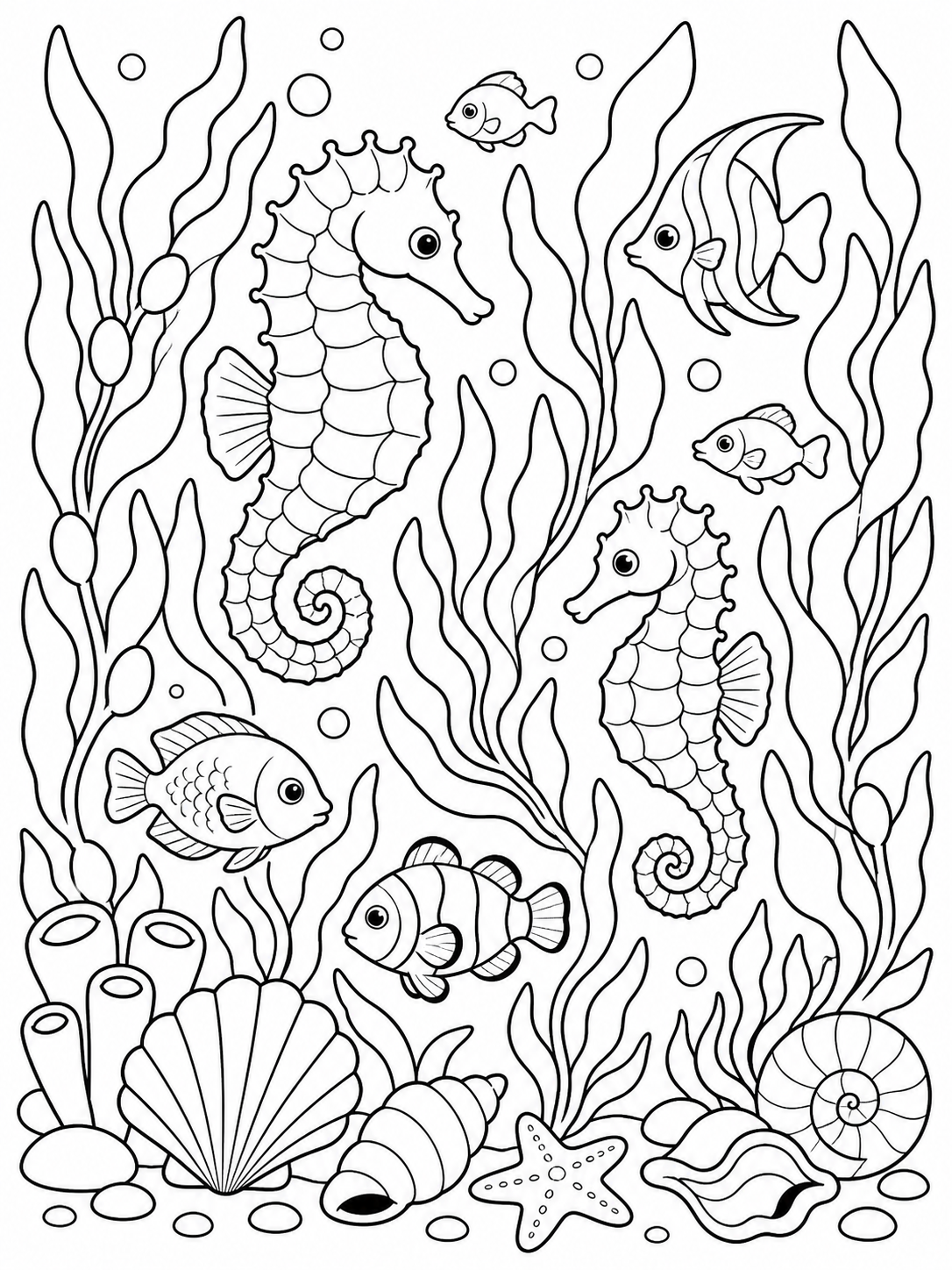 Seahorses And Fish — ocean coloring pages