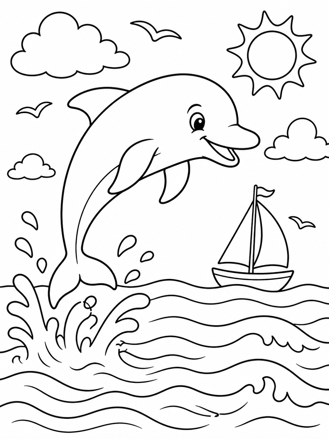 Dolphin Jumping By Sailboat — ocean coloring pages